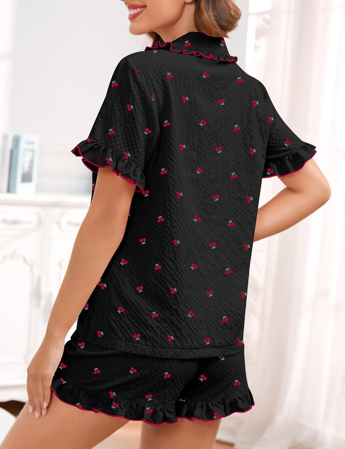 imageSWOMOG Womens Pajama Sets Cute Ruffle Matching PJs Sleepwear Button Down Short Sleeve Loungewear 2 Piece PJ SetCherry Black