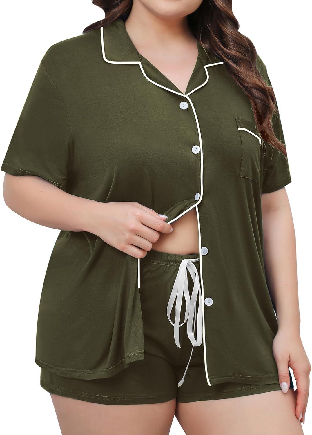 imageSWOMOG Womens Plus Size Pajamas Set Button Down Tops Short Sleeve Sleepwear Soft Pajama Shorts 2 Pcs Lounge Sets With PocketArmy Green
