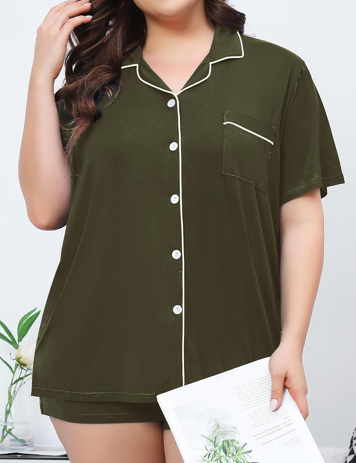 imageSWOMOG Womens Plus Size Pajamas Set Button Down Tops Short Sleeve Sleepwear Soft Pajama Shorts 2 Pcs Lounge Sets With PocketArmy Green