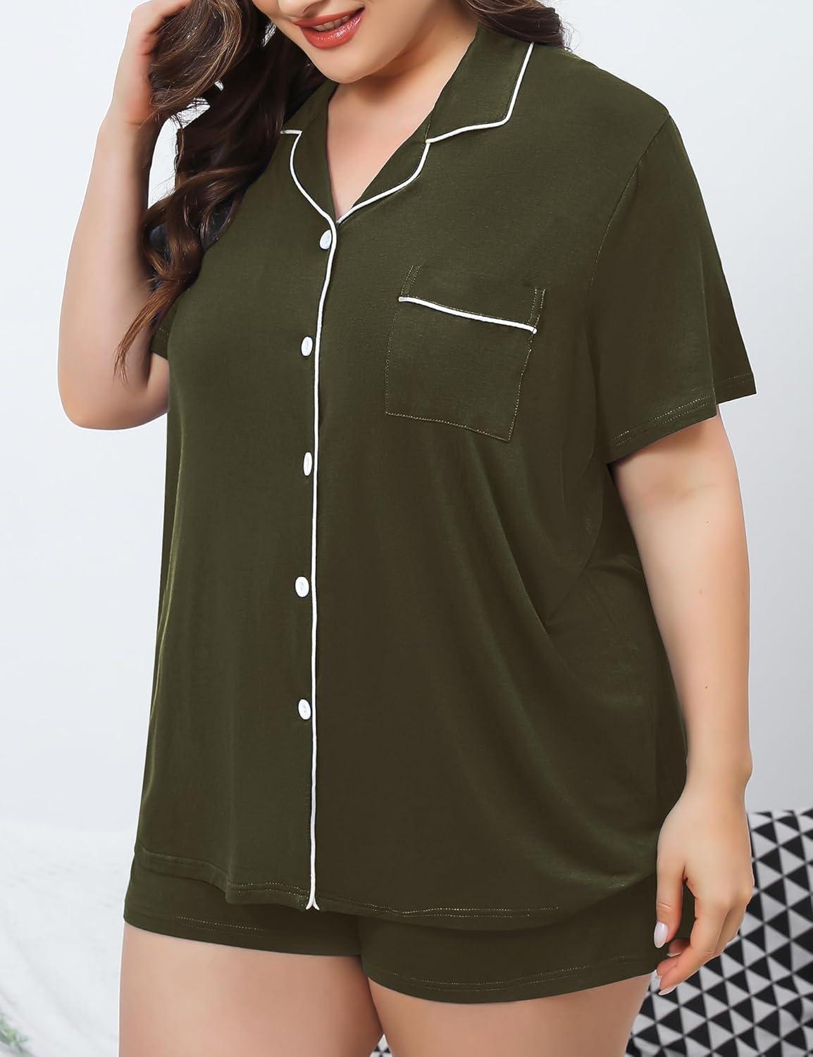 imageSWOMOG Womens Plus Size Pajamas Set Button Down Tops Short Sleeve Sleepwear Soft Pajama Shorts 2 Pcs Lounge Sets With PocketArmy Green