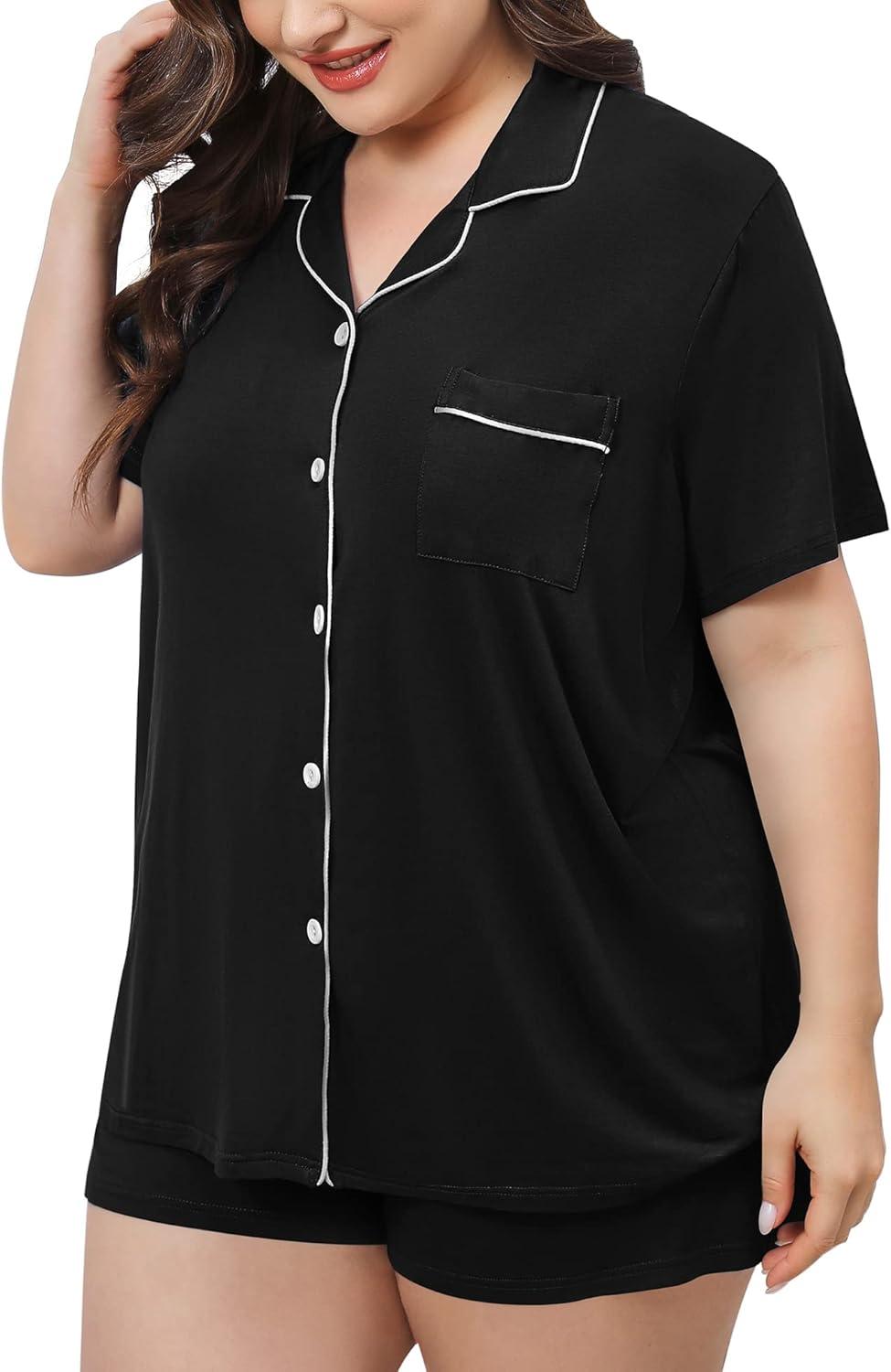 imageSWOMOG Womens Plus Size Pajamas Set Button Down Tops Short Sleeve Sleepwear Soft Pajama Shorts 2 Pcs Lounge Sets With PocketBlack