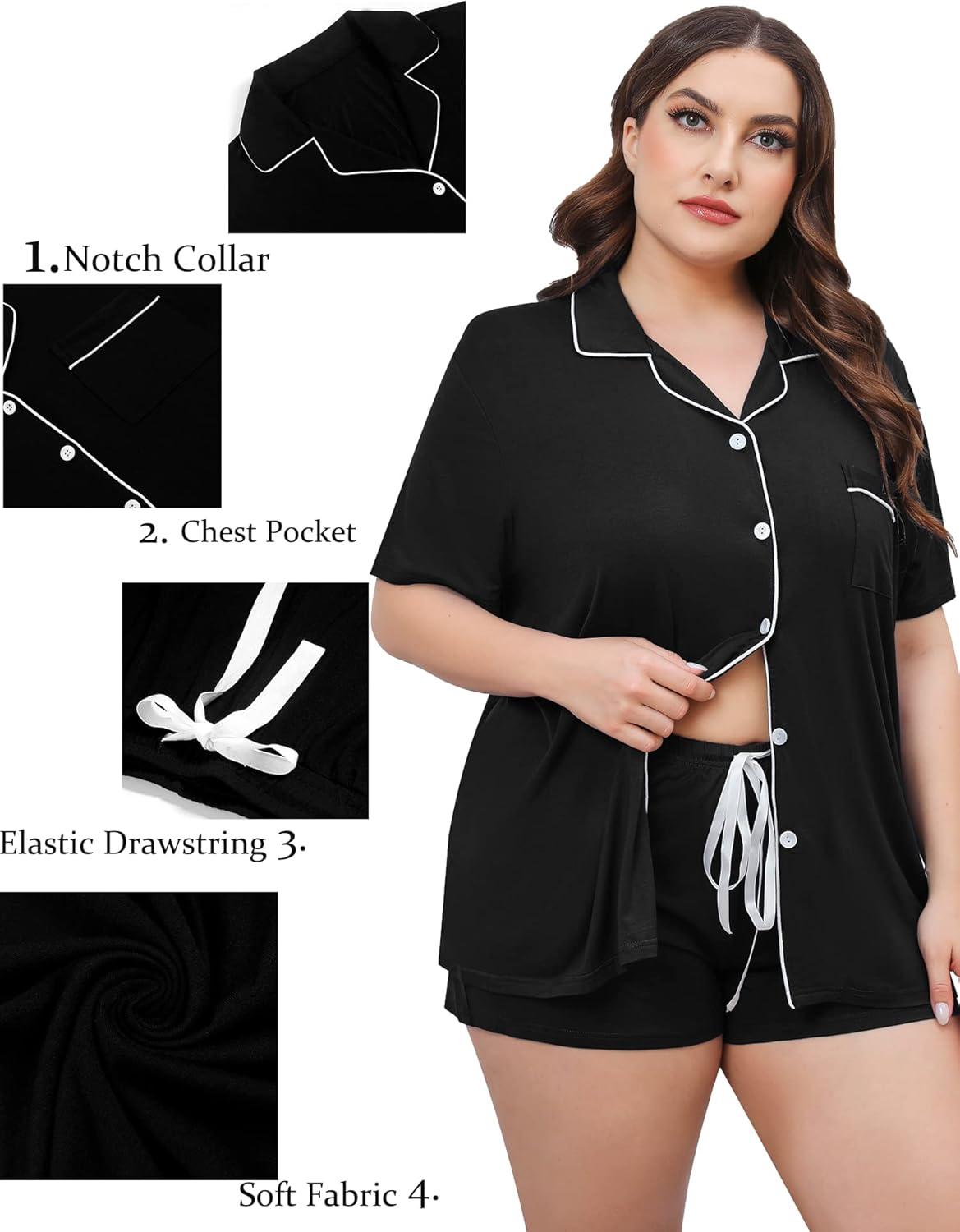 imageSWOMOG Womens Plus Size Pajamas Set Button Down Tops Short Sleeve Sleepwear Soft Pajama Shorts 2 Pcs Lounge Sets With PocketBlack