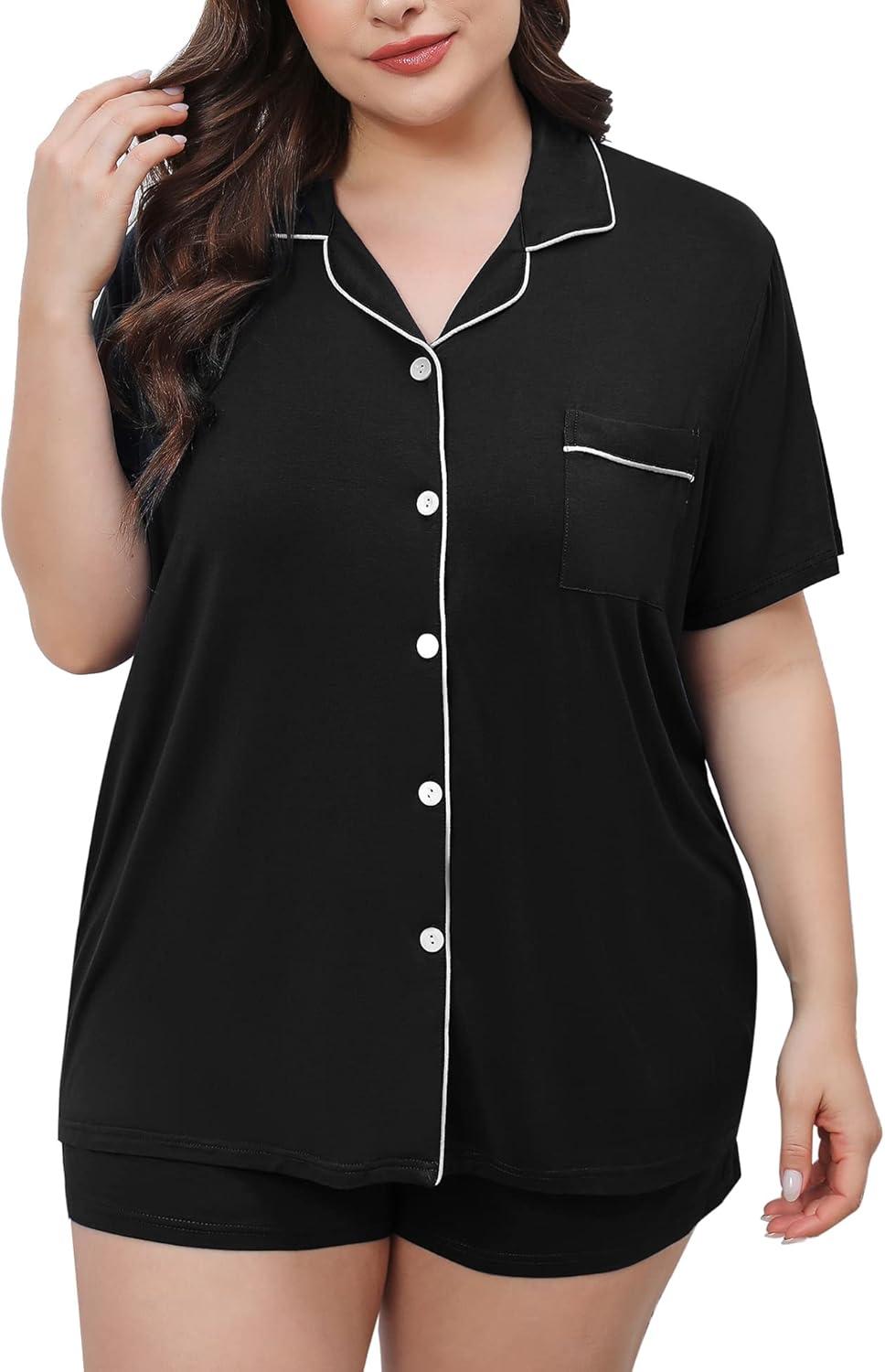 imageSWOMOG Womens Plus Size Pajamas Set Button Down Tops Short Sleeve Sleepwear Soft Pajama Shorts 2 Pcs Lounge Sets With PocketBlack