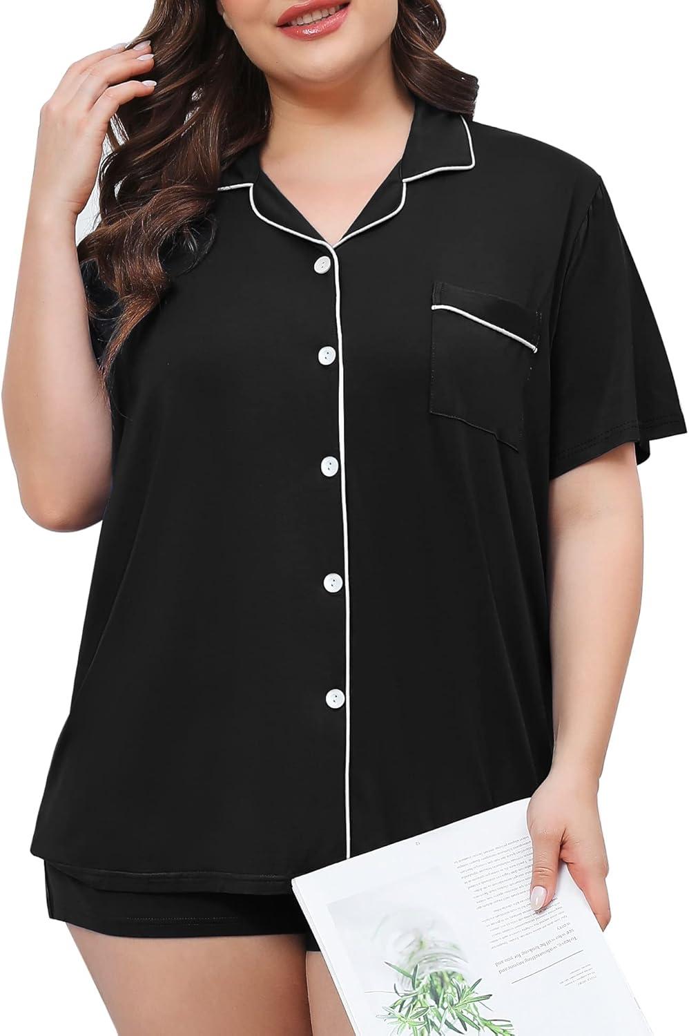imageSWOMOG Womens Plus Size Pajamas Set Button Down Tops Short Sleeve Sleepwear Soft Pajama Shorts 2 Pcs Lounge Sets With PocketBlack