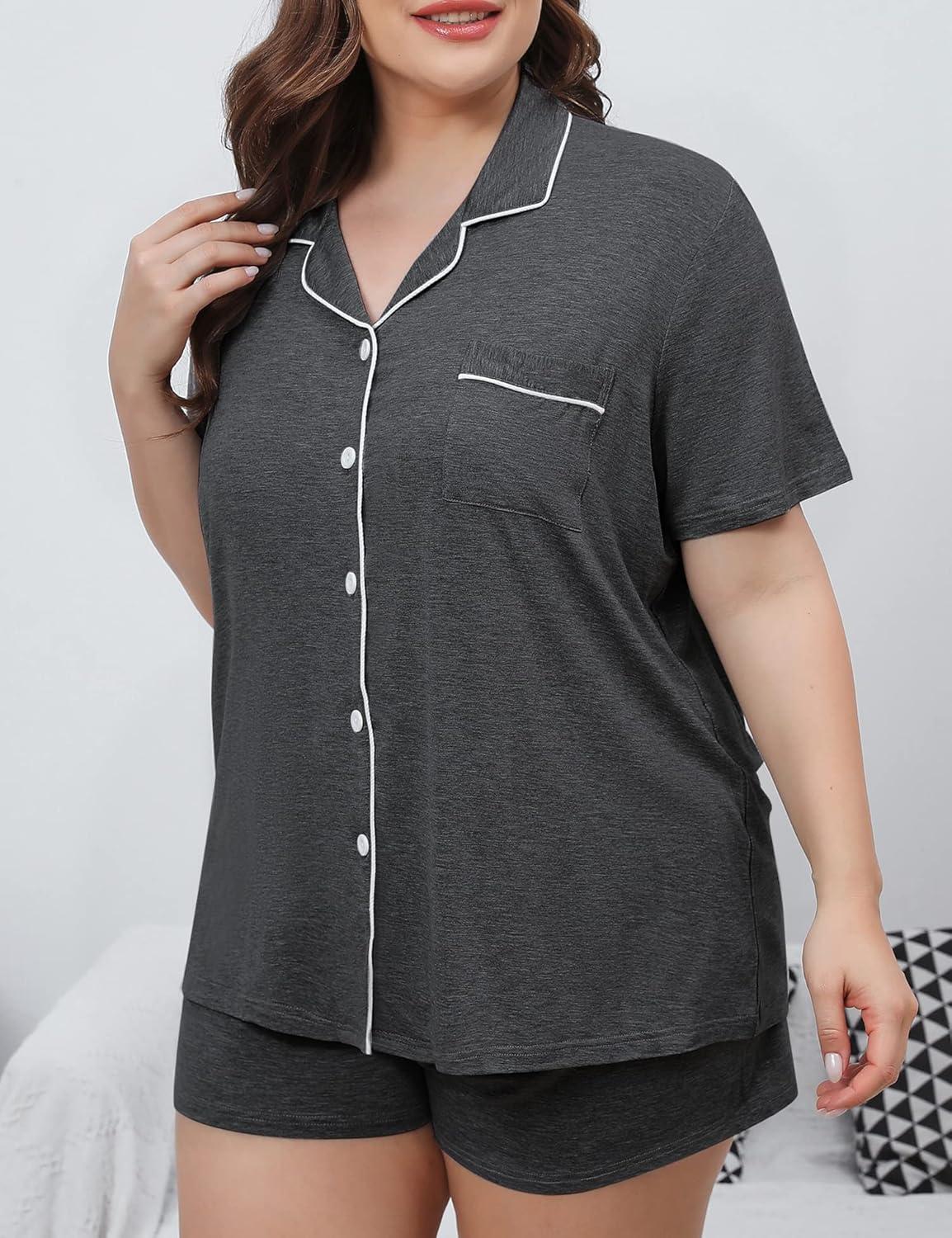 imageSWOMOG Womens Plus Size Pajamas Set Button Down Tops Short Sleeve Sleepwear Soft Pajama Shorts 2 Pcs Lounge Sets With PocketDark Gary