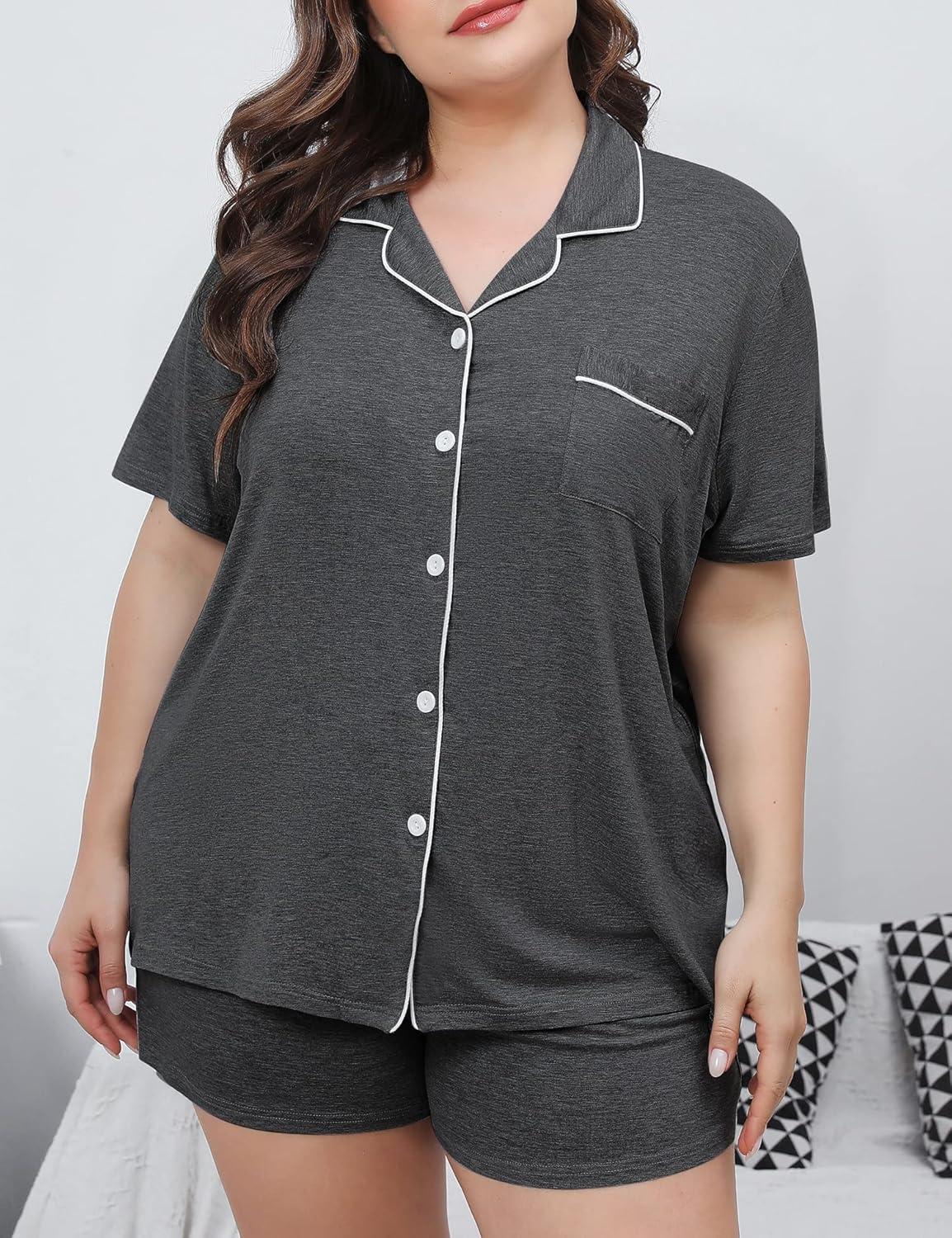 imageSWOMOG Womens Plus Size Pajamas Set Button Down Tops Short Sleeve Sleepwear Soft Pajama Shorts 2 Pcs Lounge Sets With PocketDark Gary