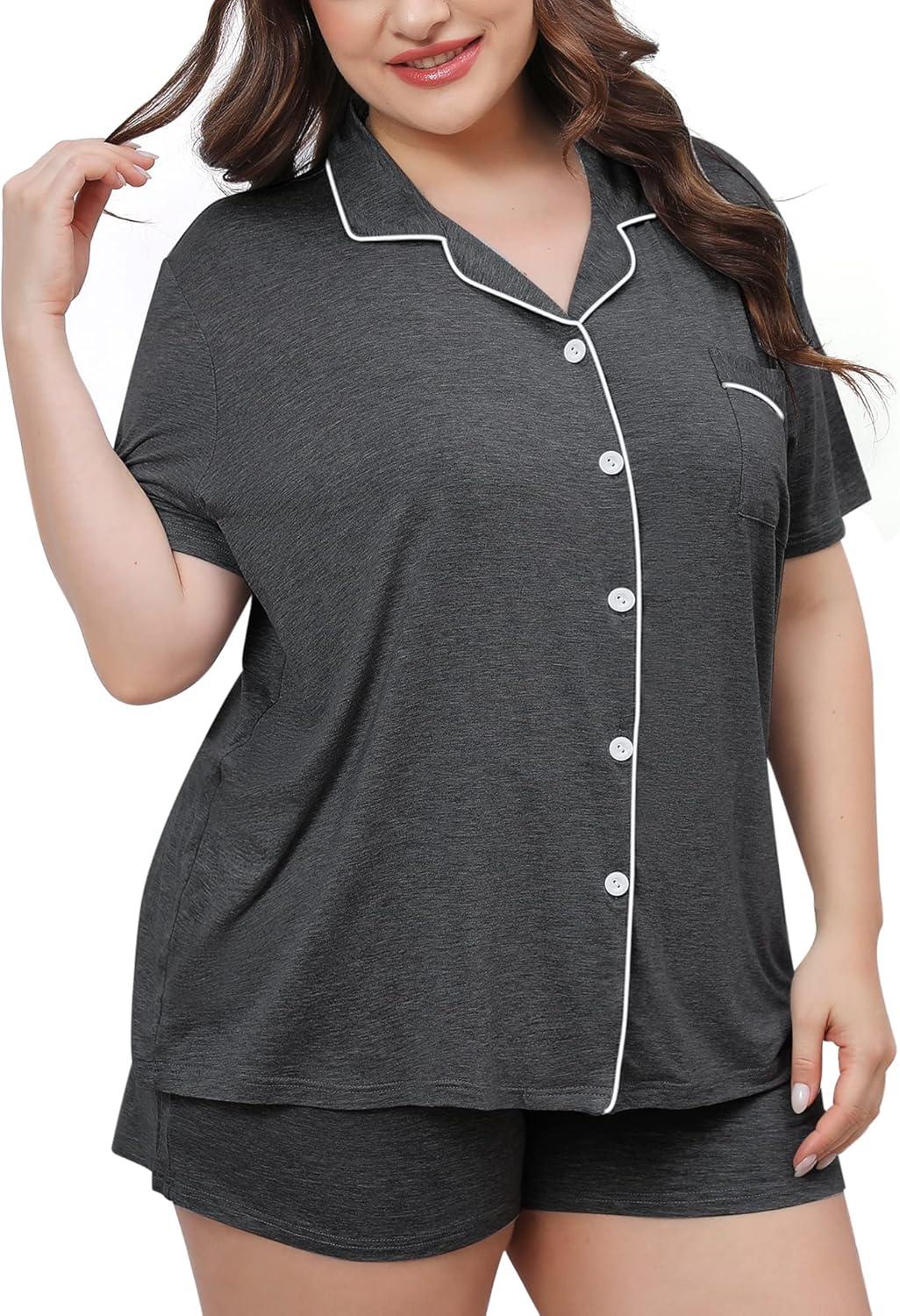 imageSWOMOG Womens Plus Size Pajamas Set Button Down Tops Short Sleeve Sleepwear Soft Pajama Shorts 2 Pcs Lounge Sets With PocketDark Gary