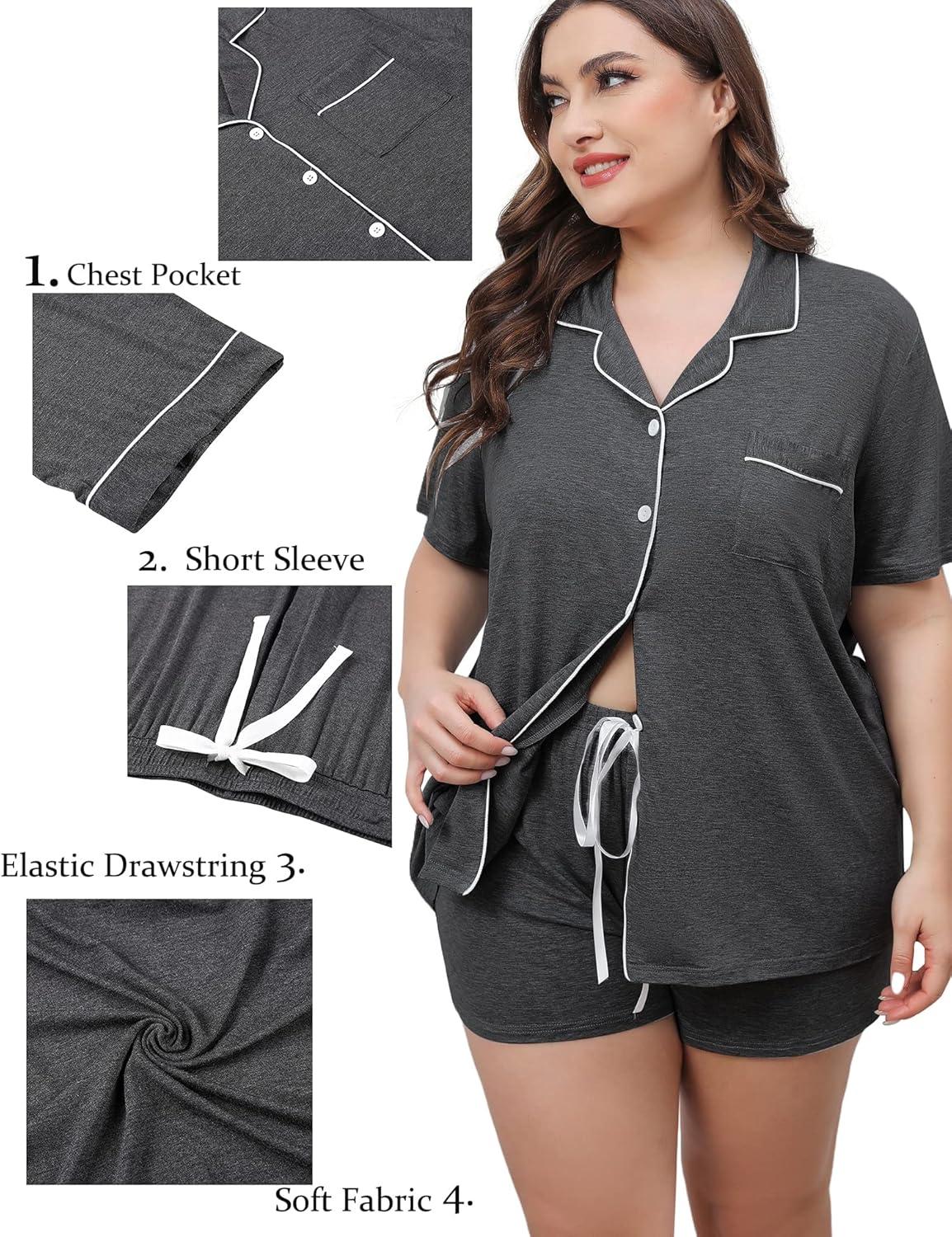 imageSWOMOG Womens Plus Size Pajamas Set Button Down Tops Short Sleeve Sleepwear Soft Pajama Shorts 2 Pcs Lounge Sets With PocketDark Gary