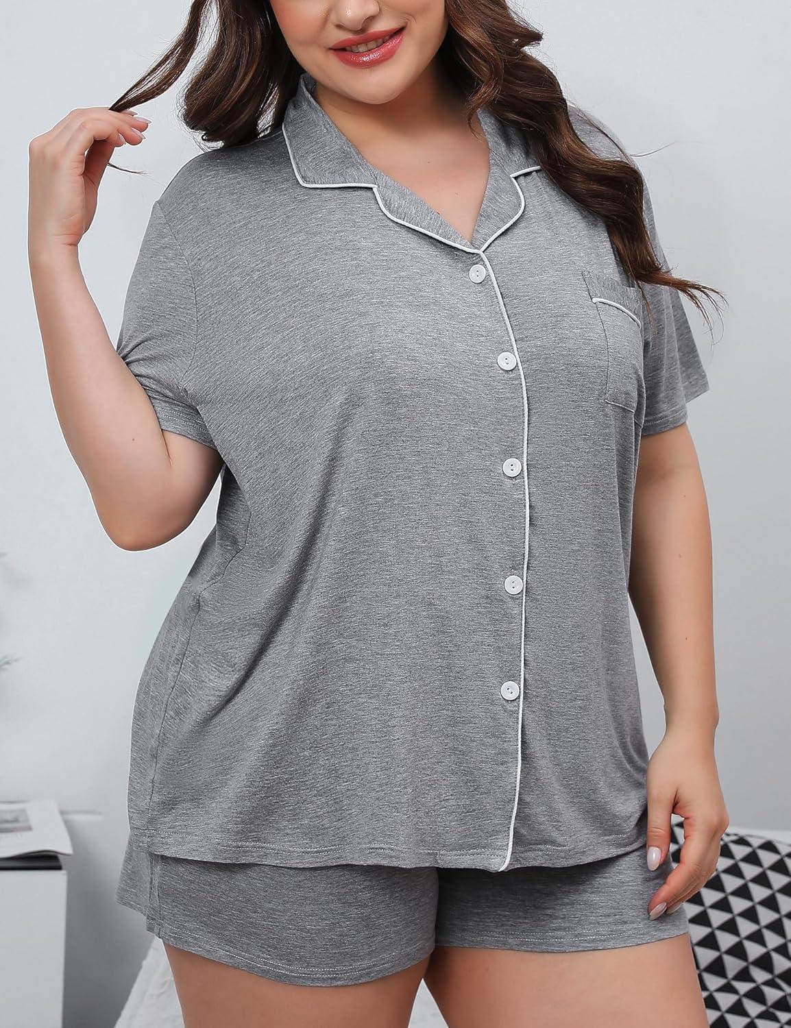 imageSWOMOG Womens Plus Size Pajamas Set Button Down Tops Short Sleeve Sleepwear Soft Pajama Shorts 2 Pcs Lounge Sets With PocketGary