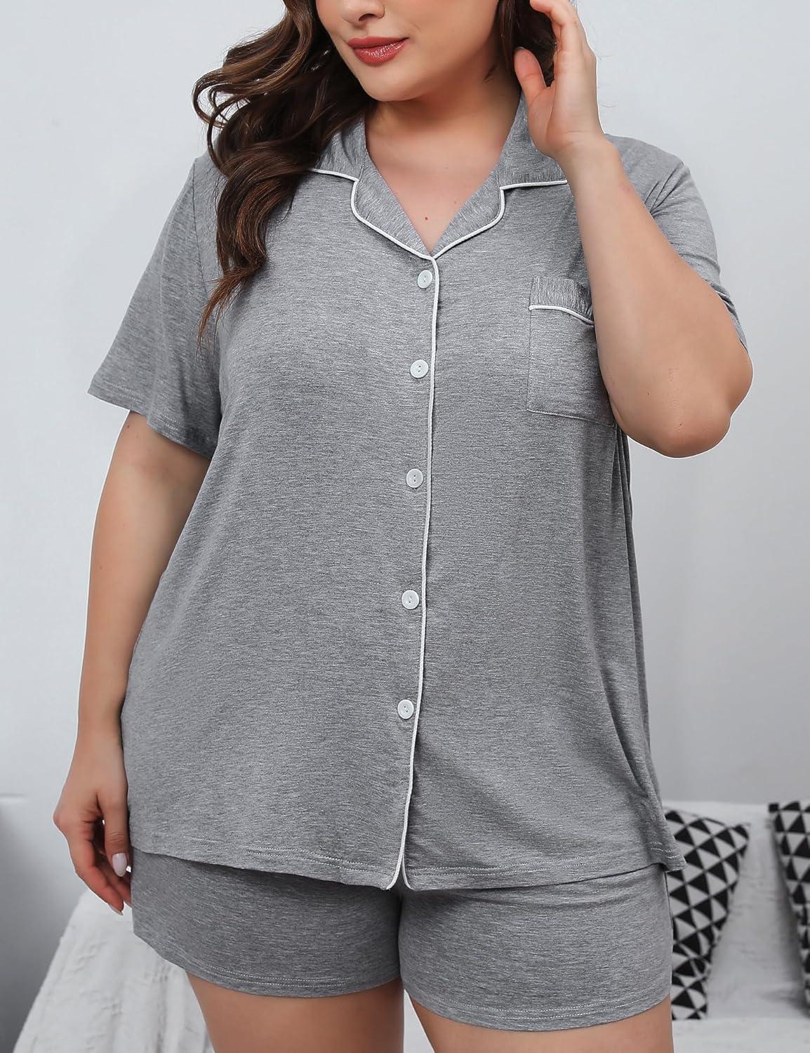 imageSWOMOG Womens Plus Size Pajamas Set Button Down Tops Short Sleeve Sleepwear Soft Pajama Shorts 2 Pcs Lounge Sets With PocketGary