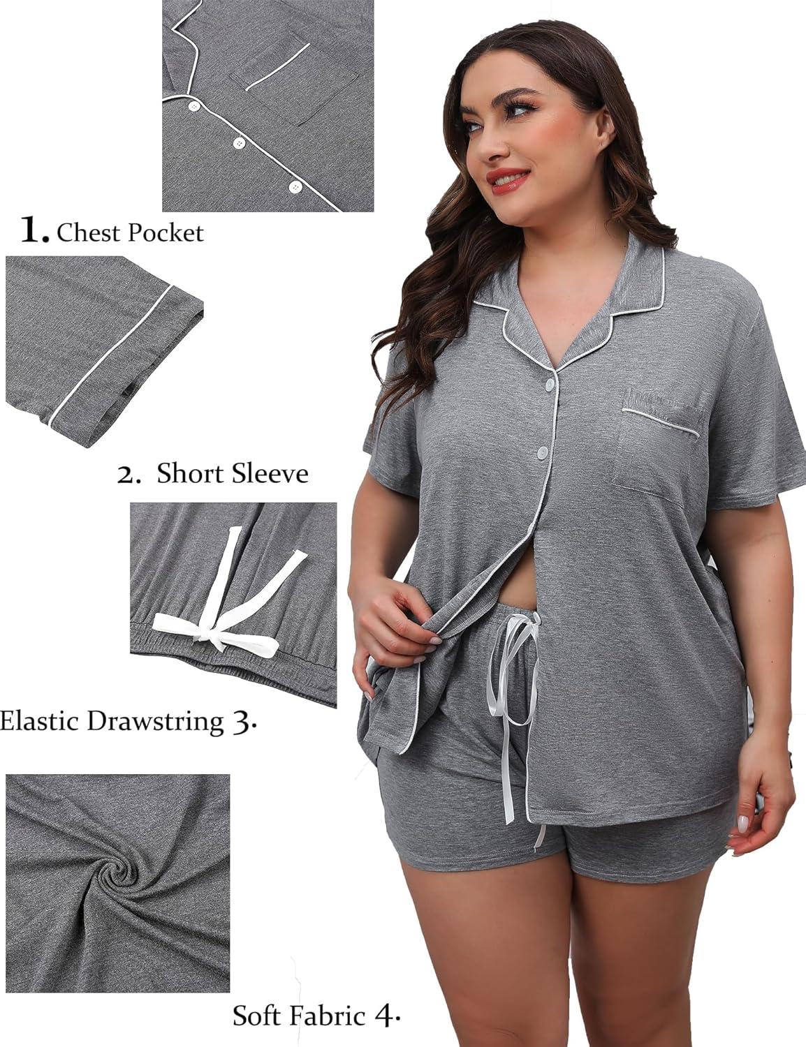 imageSWOMOG Womens Plus Size Pajamas Set Button Down Tops Short Sleeve Sleepwear Soft Pajama Shorts 2 Pcs Lounge Sets With PocketGary