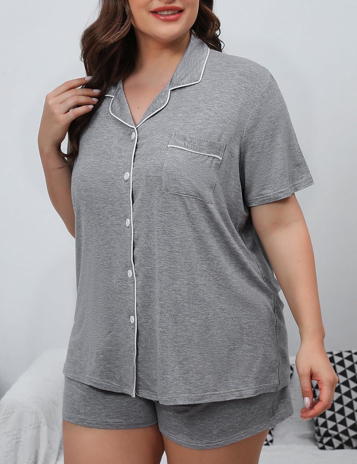 imageSWOMOG Womens Plus Size Pajamas Set Button Down Tops Short Sleeve Sleepwear Soft Pajama Shorts 2 Pcs Lounge Sets With PocketGary
