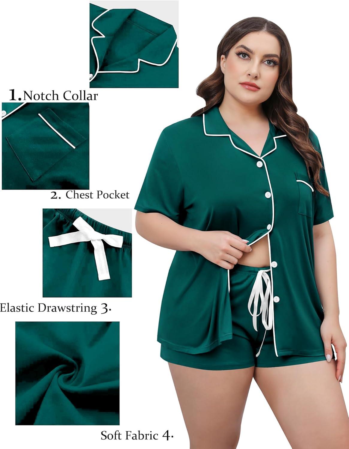 imageSWOMOG Womens Plus Size Pajamas Set Button Down Tops Short Sleeve Sleepwear Soft Pajama Shorts 2 Pcs Lounge Sets With PocketGreen