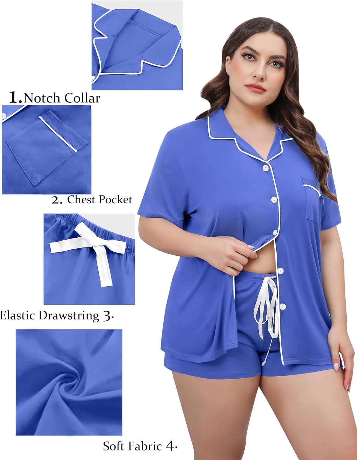 imageSWOMOG Womens Plus Size Pajamas Set Button Down Tops Short Sleeve Sleepwear Soft Pajama Shorts 2 Pcs Lounge Sets With PocketLavender