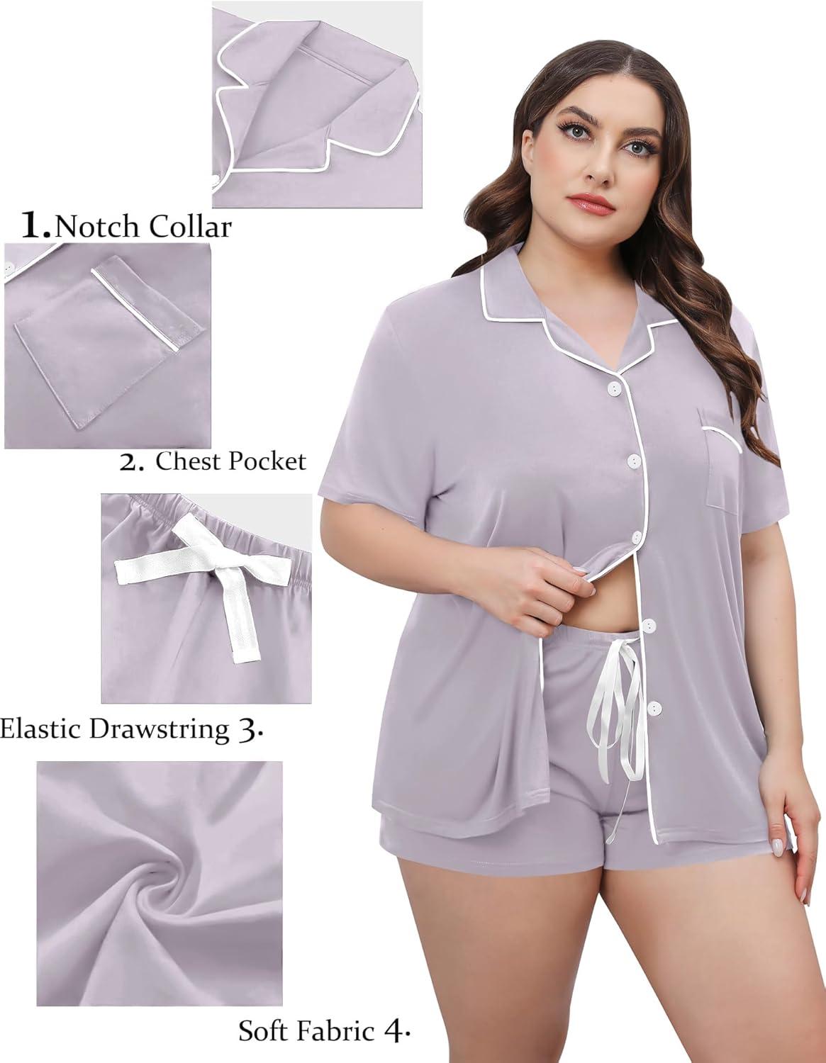 imageSWOMOG Womens Plus Size Pajamas Set Button Down Tops Short Sleeve Sleepwear Soft Pajama Shorts 2 Pcs Lounge Sets With PocketLilac