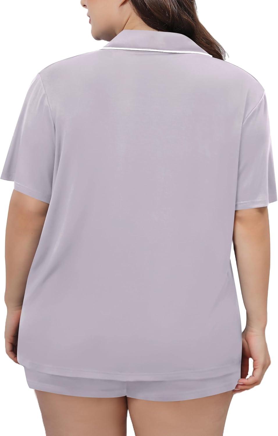 imageSWOMOG Womens Plus Size Pajamas Set Button Down Tops Short Sleeve Sleepwear Soft Pajama Shorts 2 Pcs Lounge Sets With PocketLilac