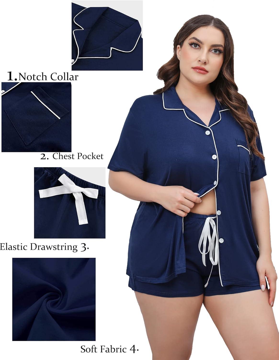 imageSWOMOG Womens Plus Size Pajamas Set Button Down Tops Short Sleeve Sleepwear Soft Pajama Shorts 2 Pcs Lounge Sets With PocketNavy Blue