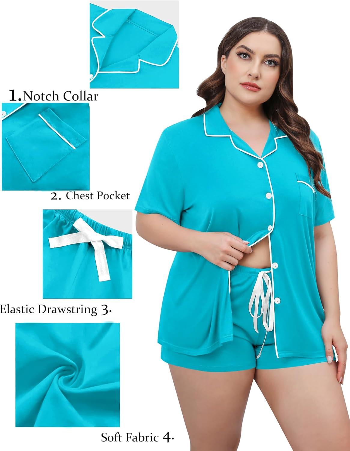 imageSWOMOG Womens Plus Size Pajamas Set Button Down Tops Short Sleeve Sleepwear Soft Pajama Shorts 2 Pcs Lounge Sets With PocketPeacock Blue