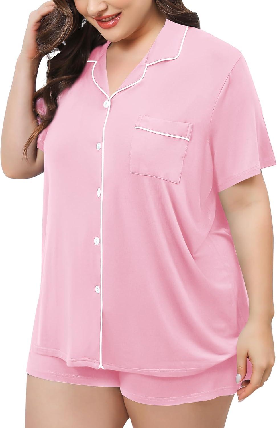 imageSWOMOG Womens Plus Size Pajamas Set Button Down Tops Short Sleeve Sleepwear Soft Pajama Shorts 2 Pcs Lounge Sets With PocketPink