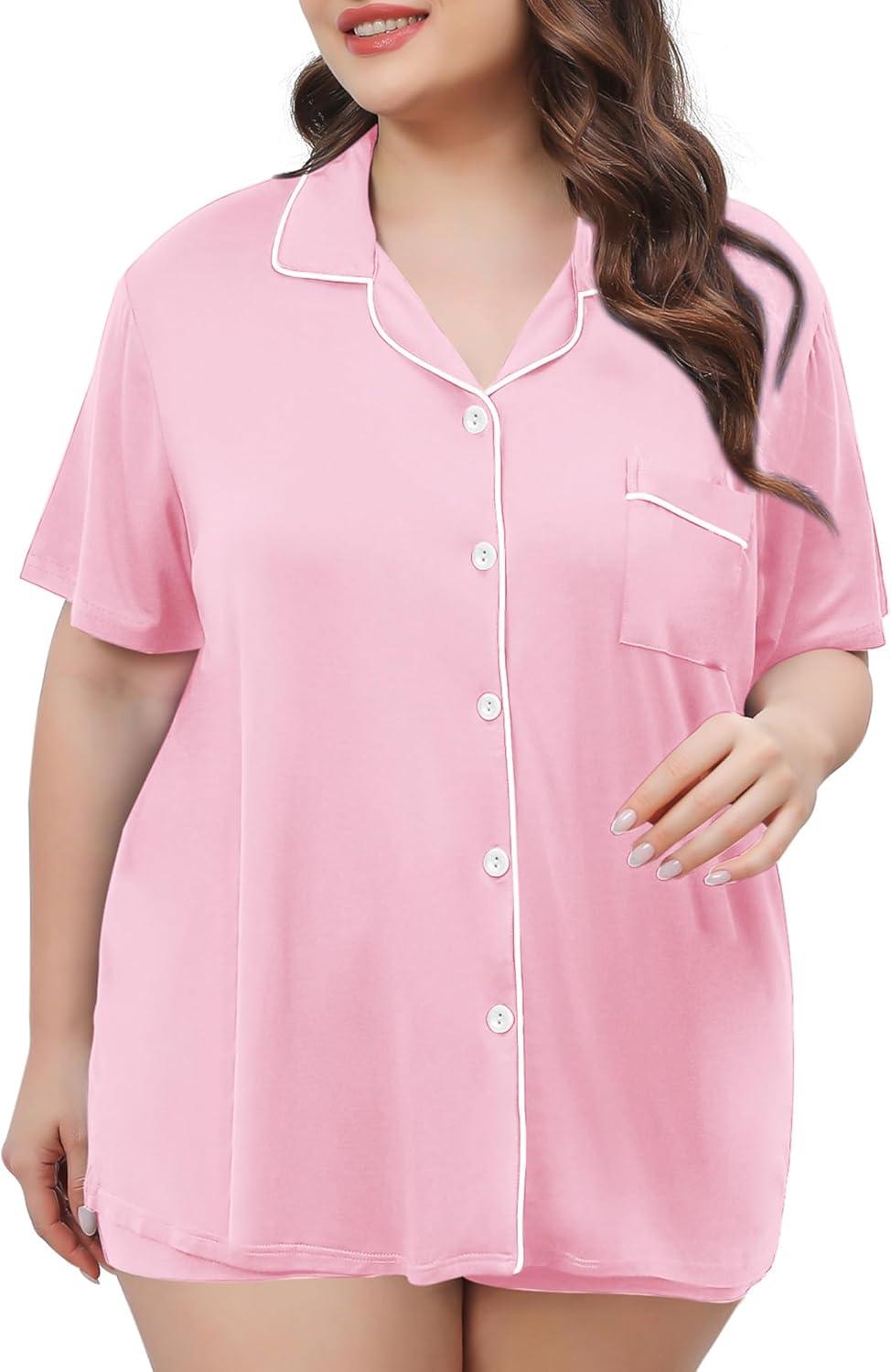 imageSWOMOG Womens Plus Size Pajamas Set Button Down Tops Short Sleeve Sleepwear Soft Pajama Shorts 2 Pcs Lounge Sets With PocketPink