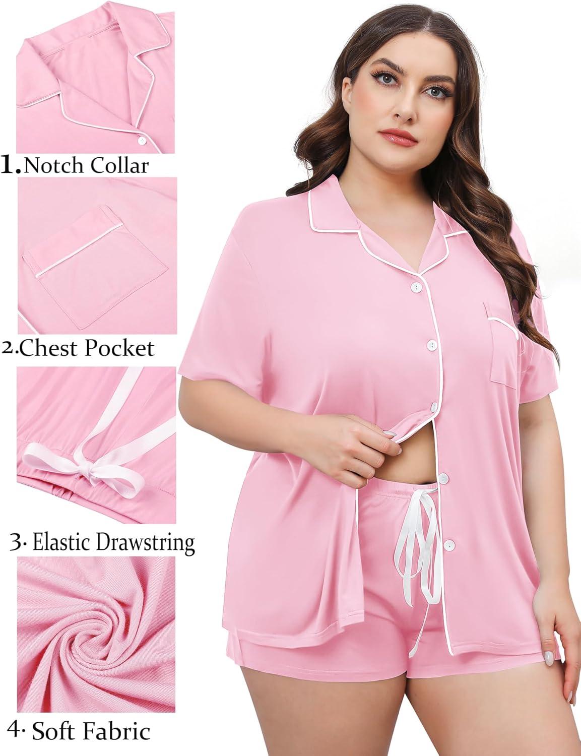 imageSWOMOG Womens Plus Size Pajamas Set Button Down Tops Short Sleeve Sleepwear Soft Pajama Shorts 2 Pcs Lounge Sets With PocketPink