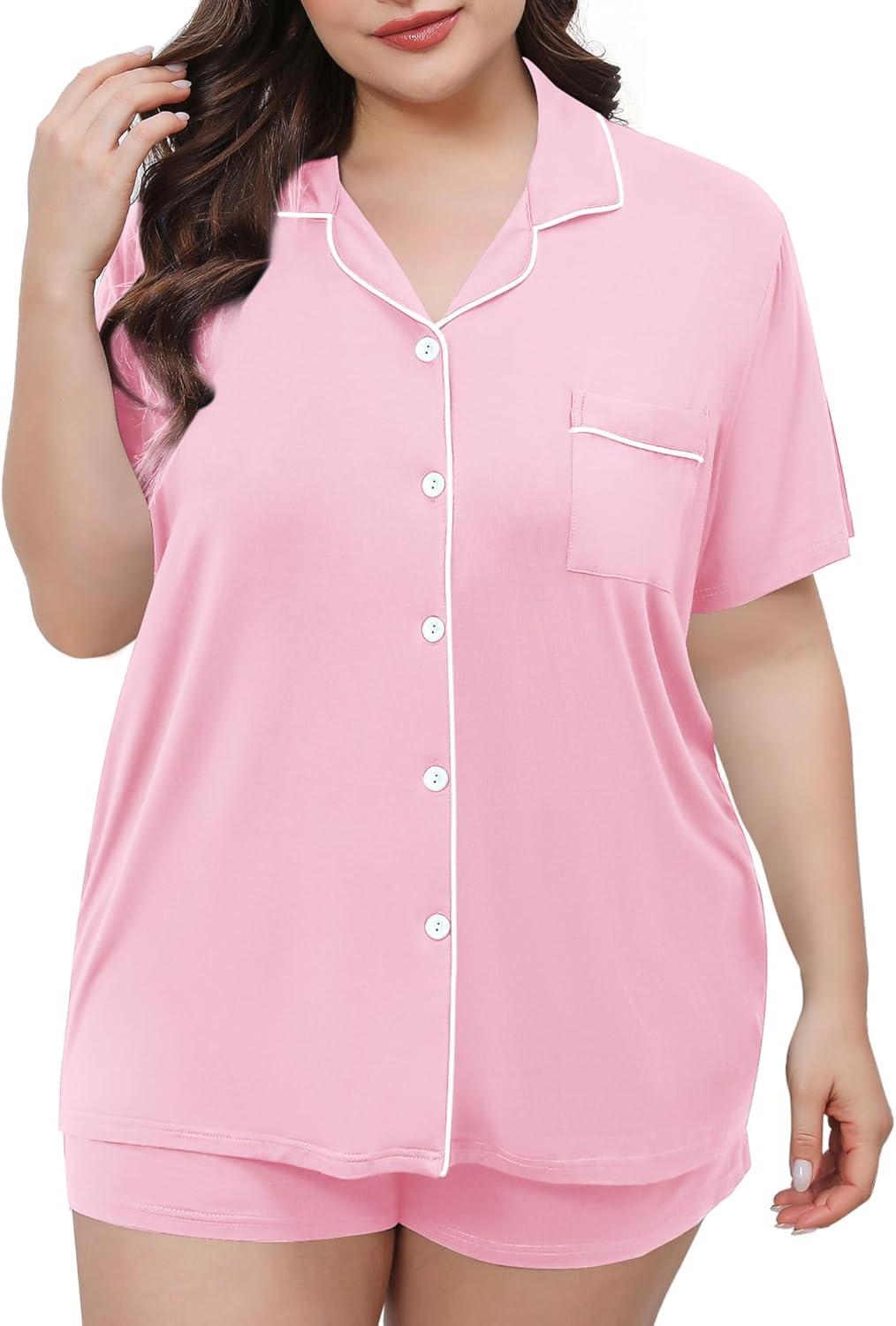 imageSWOMOG Womens Plus Size Pajamas Set Button Down Tops Short Sleeve Sleepwear Soft Pajama Shorts 2 Pcs Lounge Sets With PocketPink