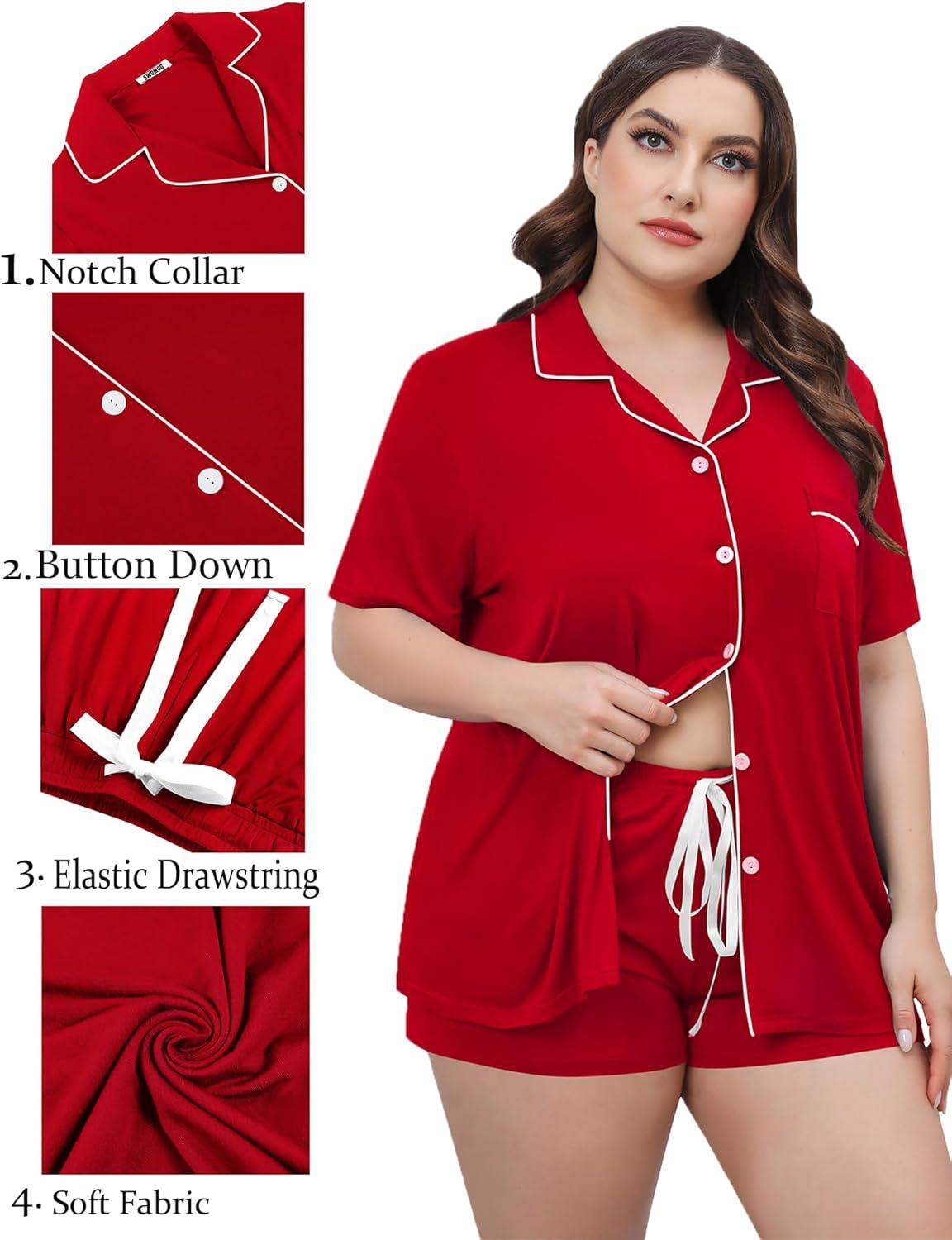 imageSWOMOG Womens Plus Size Pajamas Set Button Down Tops Short Sleeve Sleepwear Soft Pajama Shorts 2 Pcs Lounge Sets With PocketRed