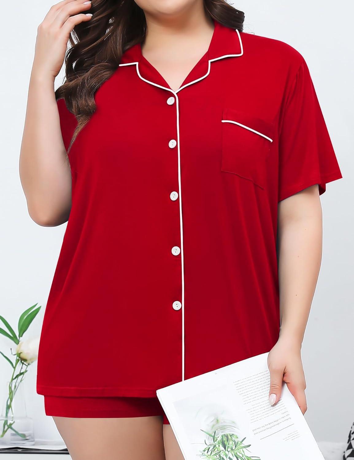 imageSWOMOG Womens Plus Size Pajamas Set Button Down Tops Short Sleeve Sleepwear Soft Pajama Shorts 2 Pcs Lounge Sets With PocketRed
