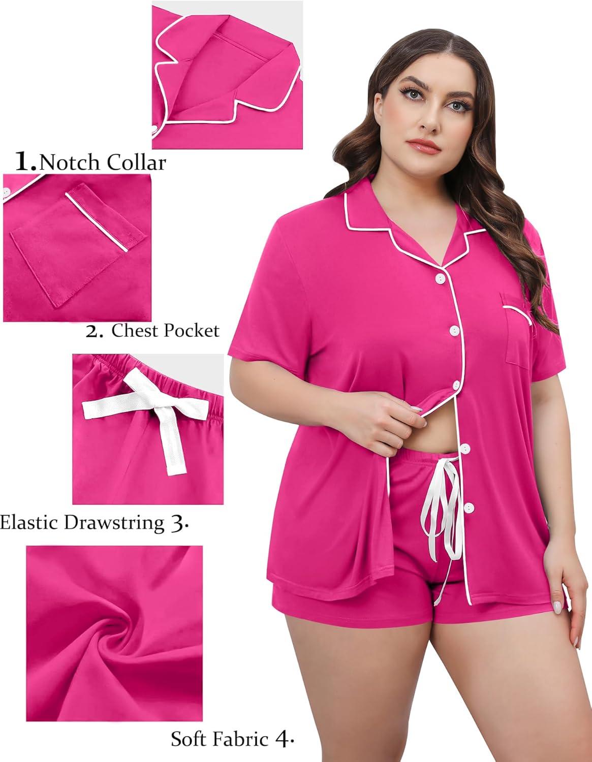 imageSWOMOG Womens Plus Size Pajamas Set Button Down Tops Short Sleeve Sleepwear Soft Pajama Shorts 2 Pcs Lounge Sets With PocketRose Red