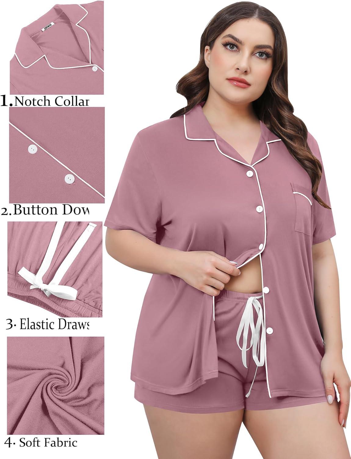 imageSWOMOG Womens Plus Size Pajamas Set Button Down Tops Short Sleeve Sleepwear Soft Pajama Shorts 2 Pcs Lounge Sets With PocketTaro Purple