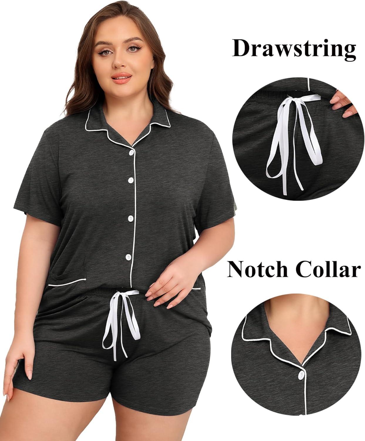 imageSWOMOG Womens Plus Size Pajamas Set Button Down Tops Short Sleeve Sleepwear Soft Pajama Shorts 2 Pcs Lounge Sets With PocketTwo Pocketsdark Gray