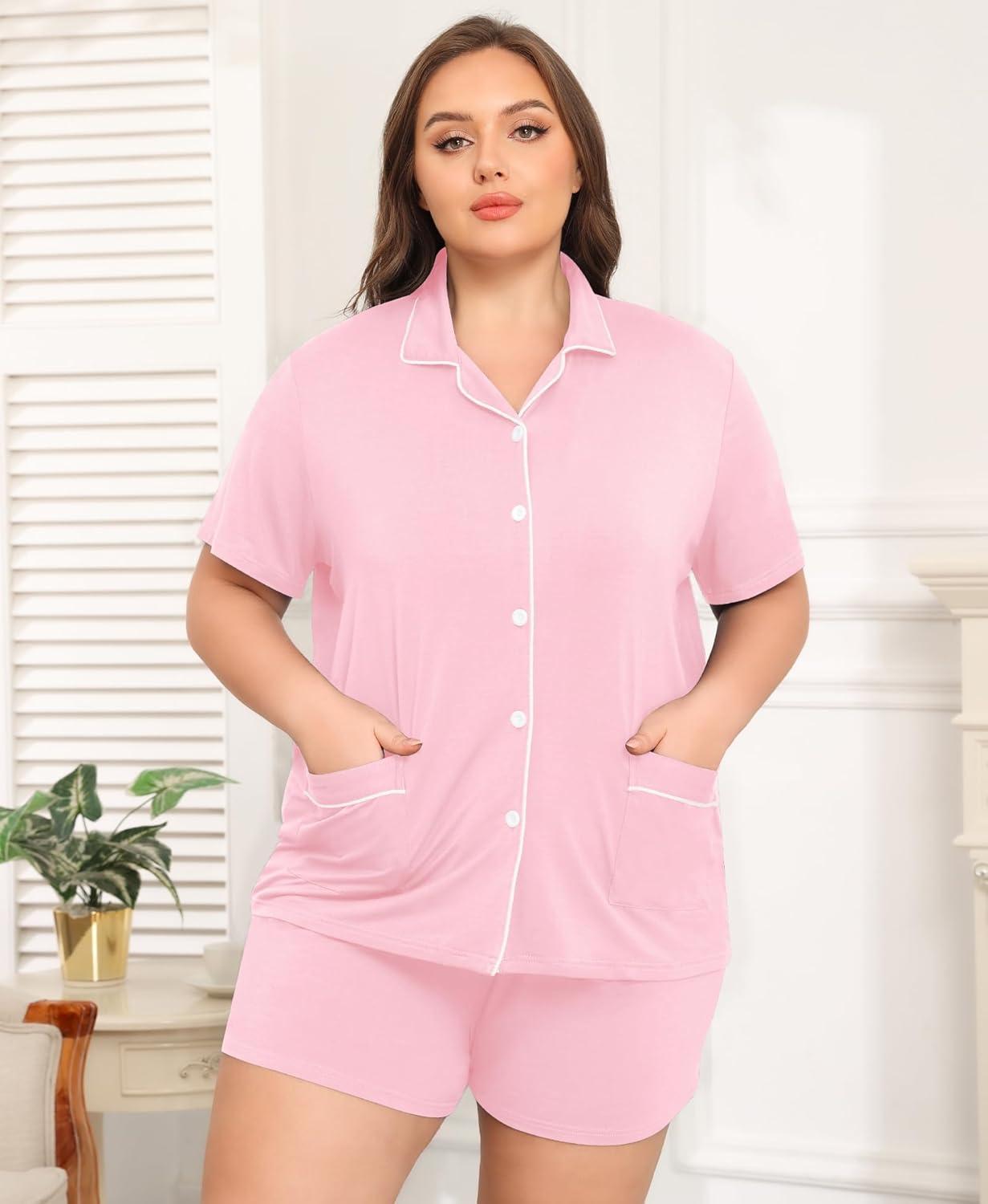 imageSWOMOG Womens Plus Size Pajamas Set Button Down Tops Short Sleeve Sleepwear Soft Pajama Shorts 2 Pcs Lounge Sets With PocketTwo Pocketslight Pink