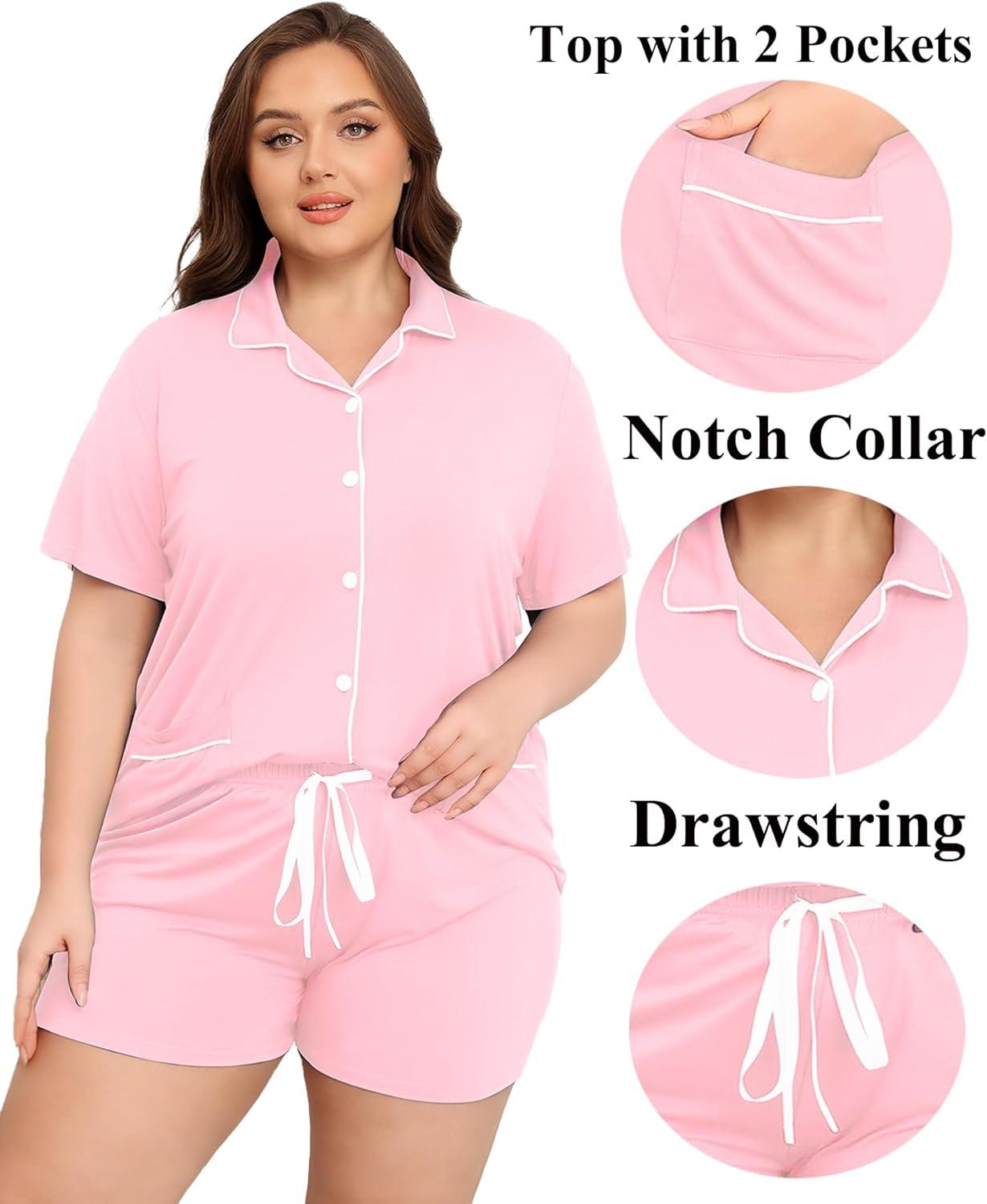 imageSWOMOG Womens Plus Size Pajamas Set Button Down Tops Short Sleeve Sleepwear Soft Pajama Shorts 2 Pcs Lounge Sets With PocketTwo Pocketslight Pink