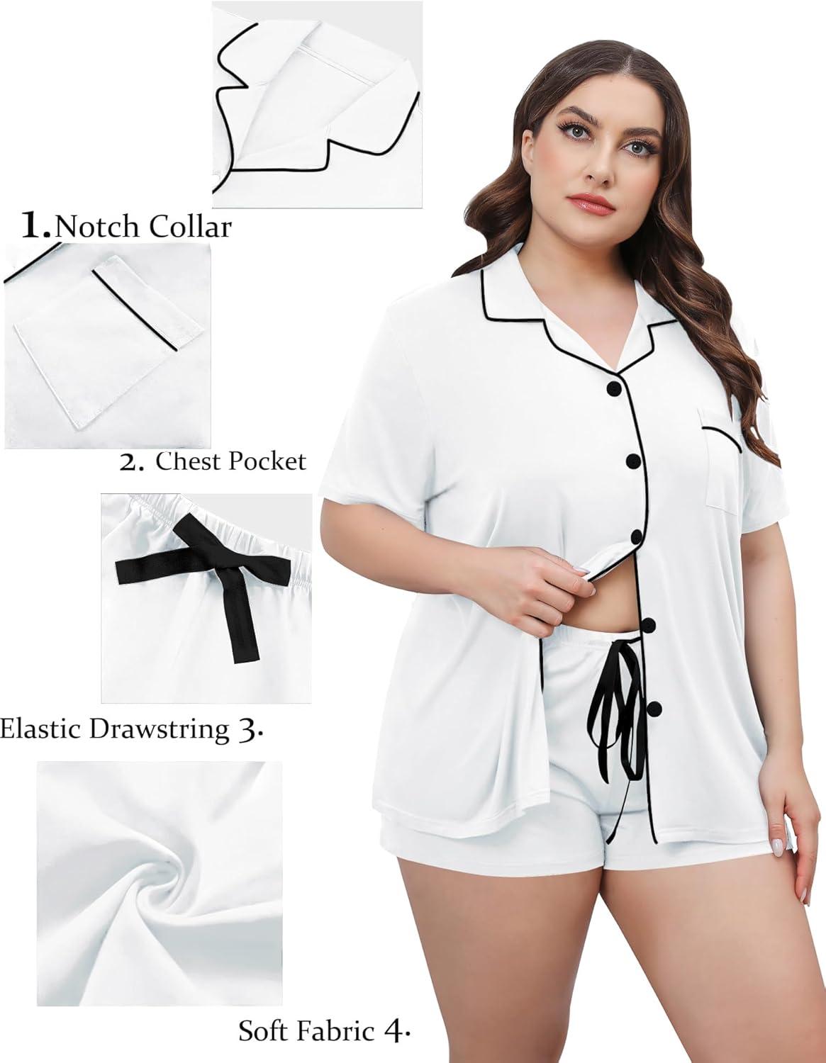 imageSWOMOG Womens Plus Size Pajamas Set Button Down Tops Short Sleeve Sleepwear Soft Pajama Shorts 2 Pcs Lounge Sets With PocketWhite