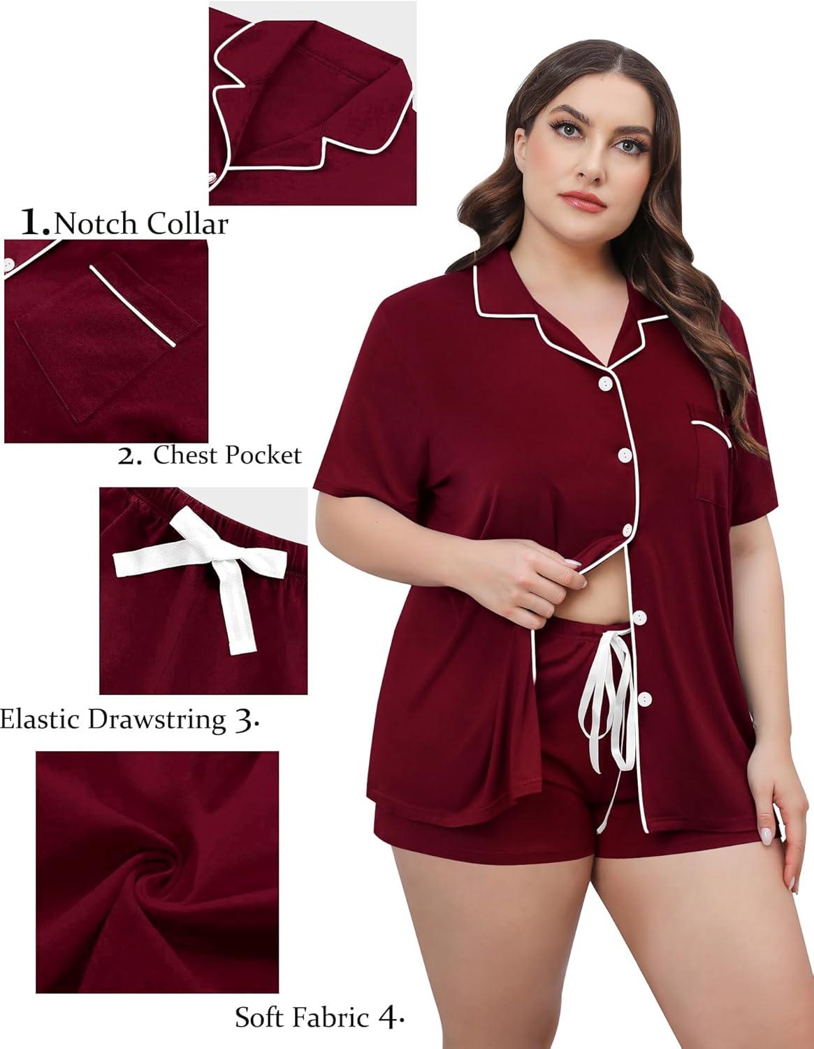 imageSWOMOG Womens Plus Size Pajamas Set Button Down Tops Short Sleeve Sleepwear Soft Pajama Shorts 2 Pcs Lounge Sets With PocketWine Red