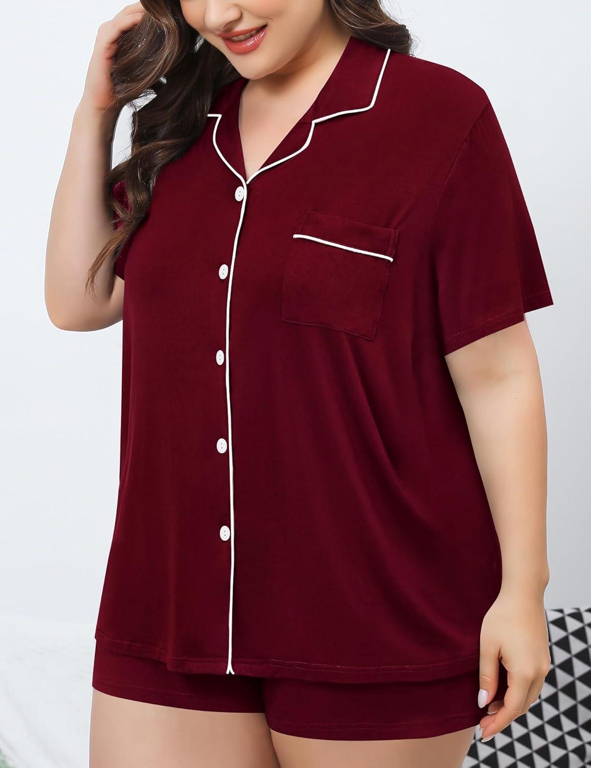 imageSWOMOG Womens Plus Size Pajamas Set Button Down Tops Short Sleeve Sleepwear Soft Pajama Shorts 2 Pcs Lounge Sets With PocketWine Red