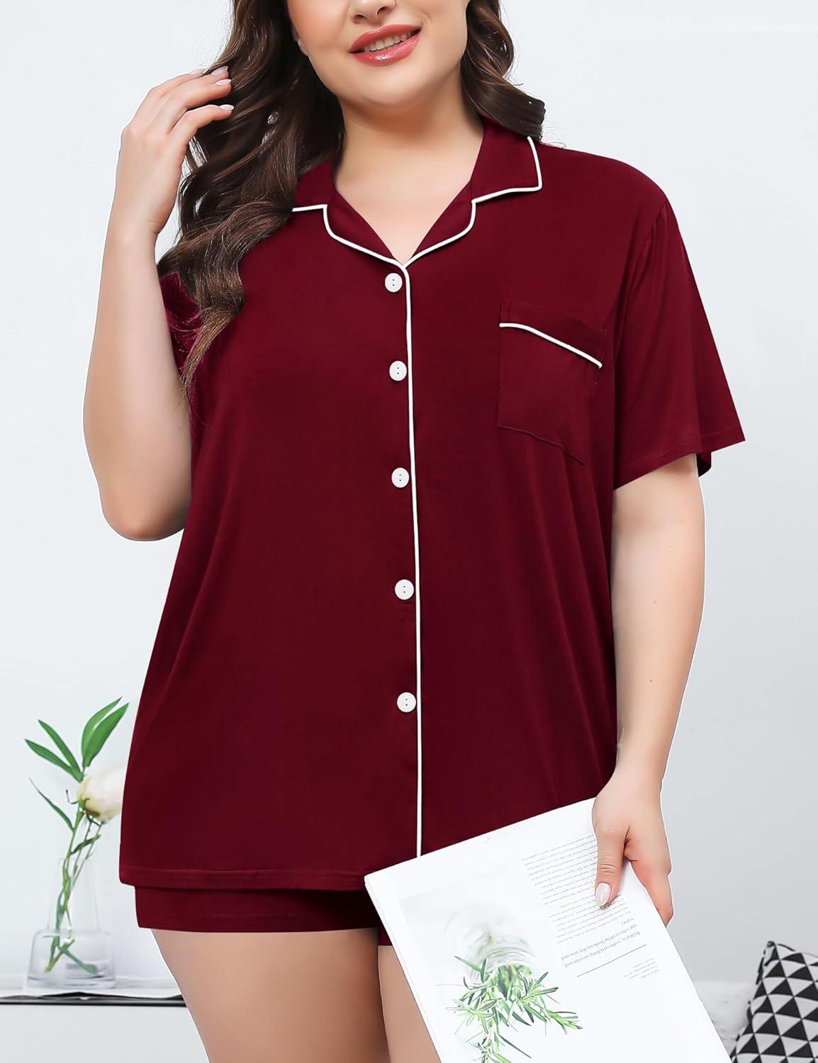 imageSWOMOG Womens Plus Size Pajamas Set Button Down Tops Short Sleeve Sleepwear Soft Pajama Shorts 2 Pcs Lounge Sets With PocketWine Red