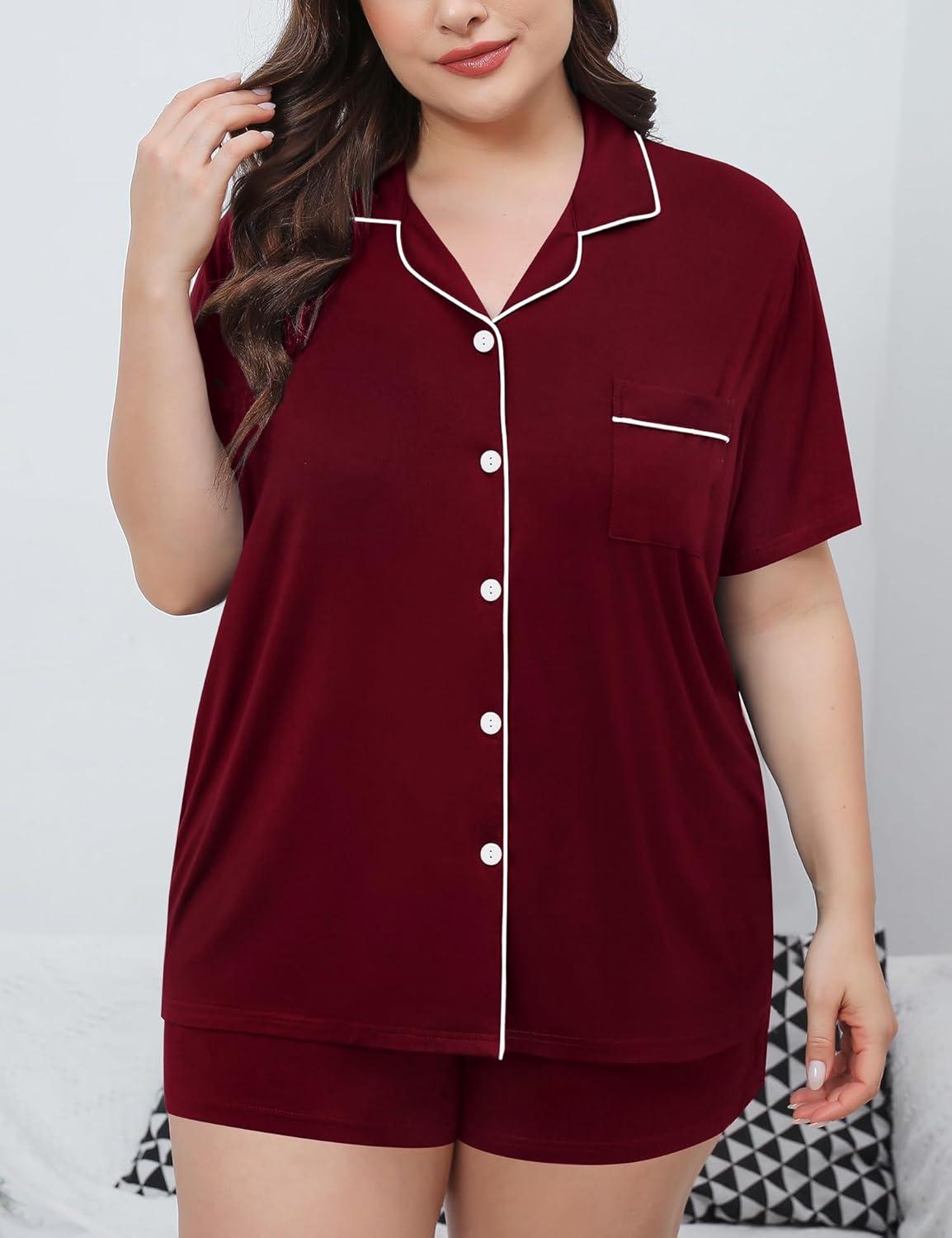imageSWOMOG Womens Plus Size Pajamas Set Button Down Tops Short Sleeve Sleepwear Soft Pajama Shorts 2 Pcs Lounge Sets With PocketWine Red