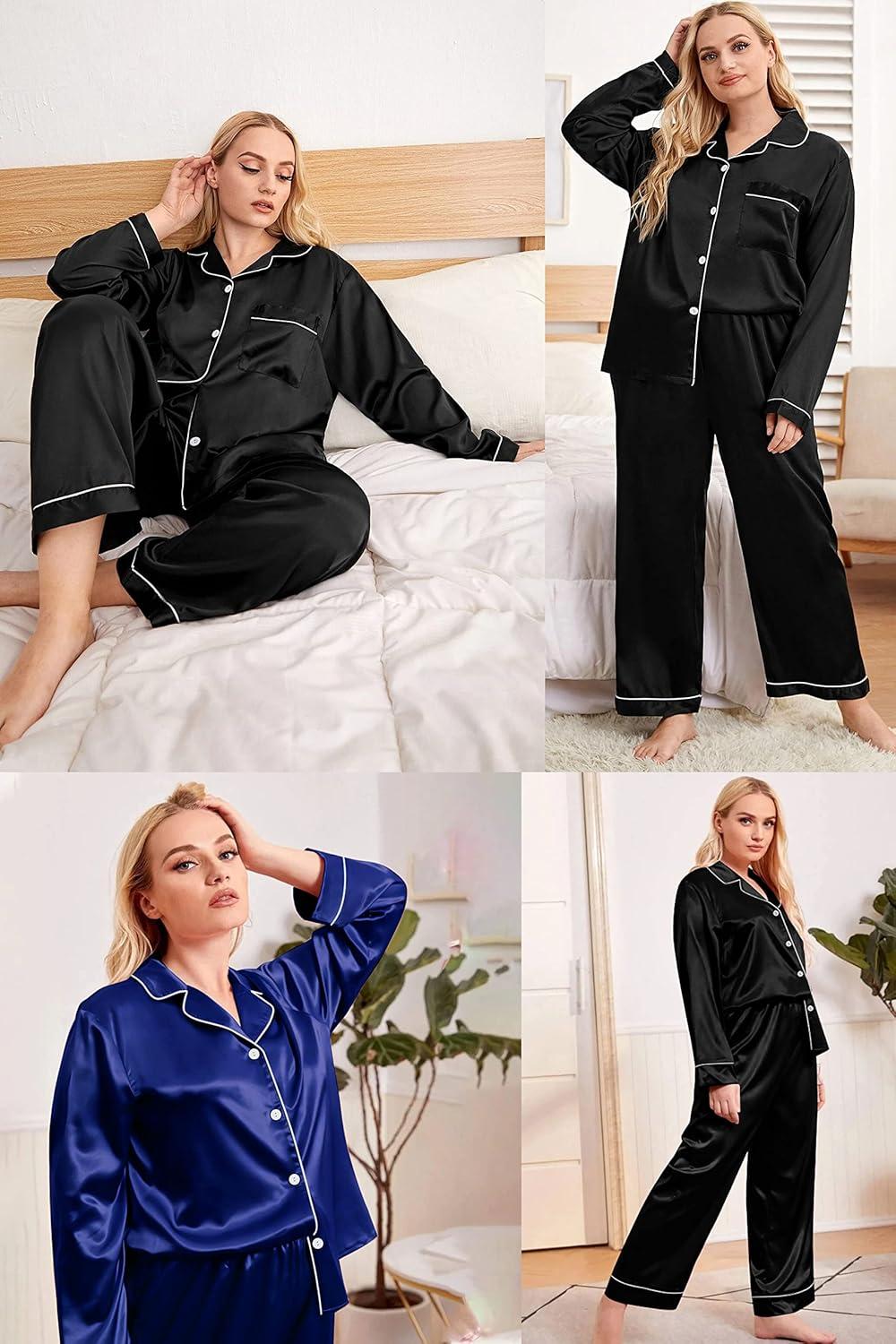 imageSWOMOG Womens Plus Size Pajamas Silky Pajama Set Button Down Sleepwear Classic Silk Pj Set Ladies Two Piece Loungewear SetBlack