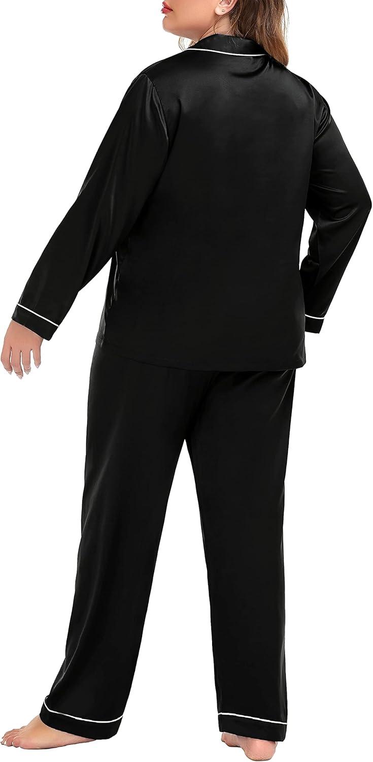 imageSWOMOG Womens Plus Size Pajamas Silky Pajama Set Button Down Sleepwear Classic Silk Pj Set Ladies Two Piece Loungewear SetBlack