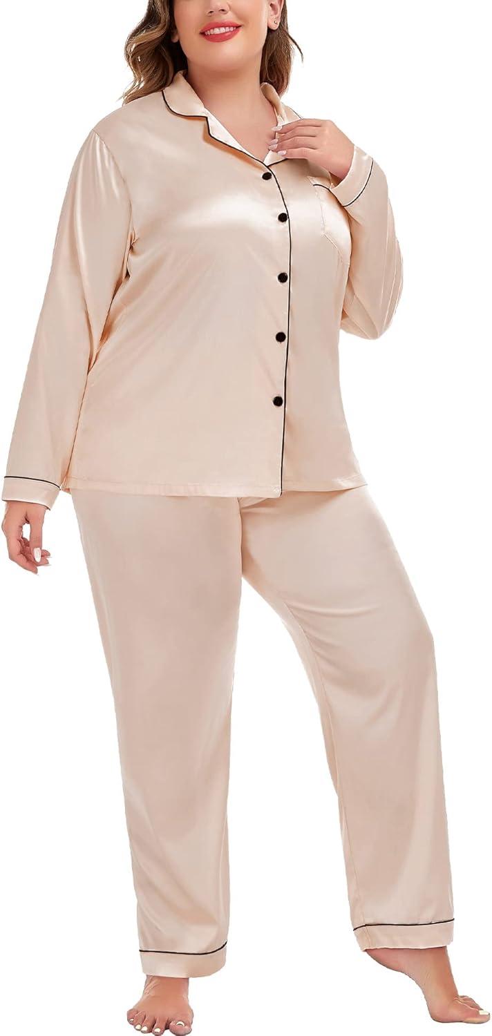 imageSWOMOG Womens Plus Size Pajamas Silky Pajama Set Button Down Sleepwear Classic Silk Pj Set Ladies Two Piece Loungewear SetChampagne