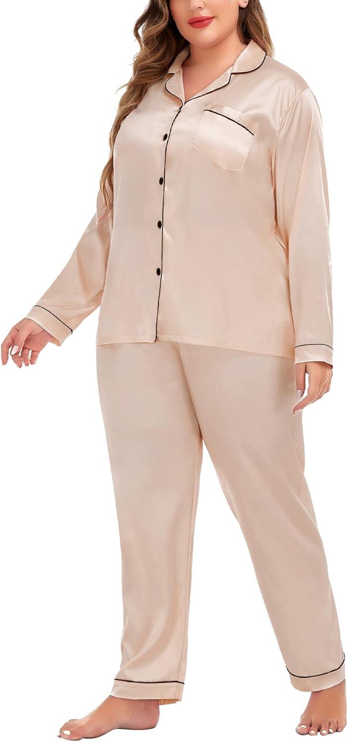 imageSWOMOG Womens Plus Size Pajamas Silky Pajama Set Button Down Sleepwear Classic Silk Pj Set Ladies Two Piece Loungewear SetChampagne