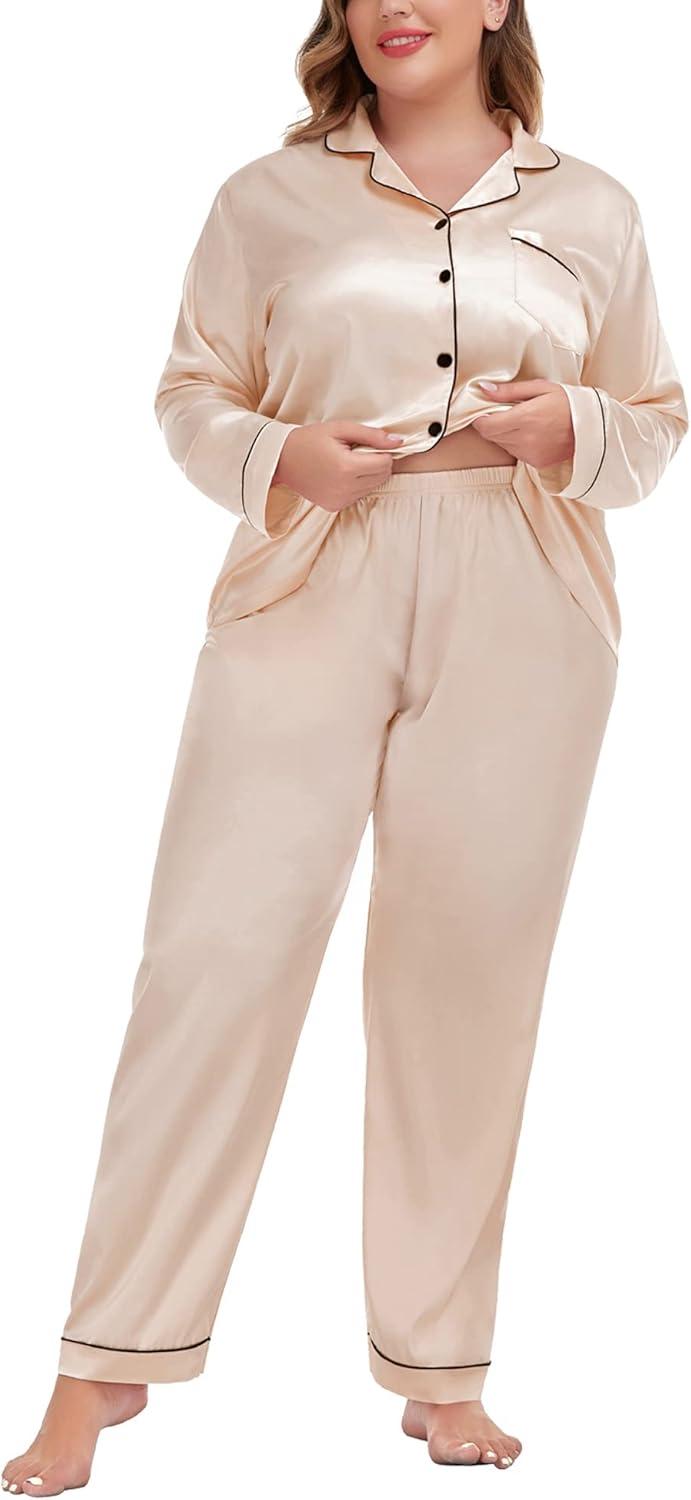 imageSWOMOG Womens Plus Size Pajamas Silky Pajama Set Button Down Sleepwear Classic Silk Pj Set Ladies Two Piece Loungewear SetChampagne
