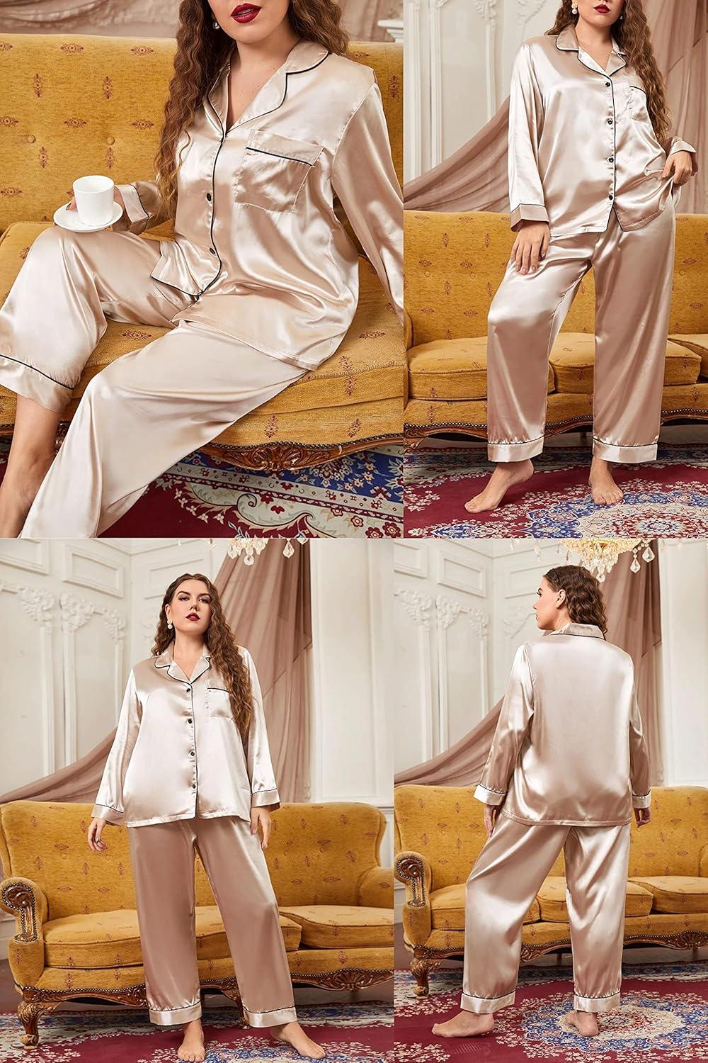 imageSWOMOG Womens Plus Size Pajamas Silky Pajama Set Button Down Sleepwear Classic Silk Pj Set Ladies Two Piece Loungewear SetChampagne
