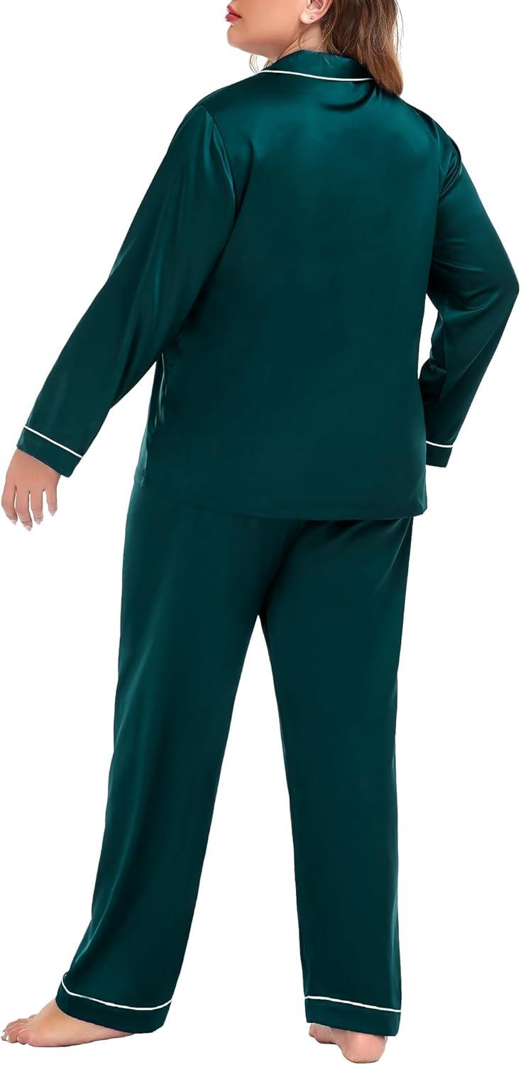 imageSWOMOG Womens Plus Size Pajamas Silky Pajama Set Button Down Sleepwear Classic Silk Pj Set Ladies Two Piece Loungewear SetDark Green