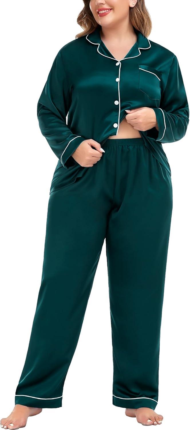 imageSWOMOG Womens Plus Size Pajamas Silky Pajama Set Button Down Sleepwear Classic Silk Pj Set Ladies Two Piece Loungewear SetDark Green