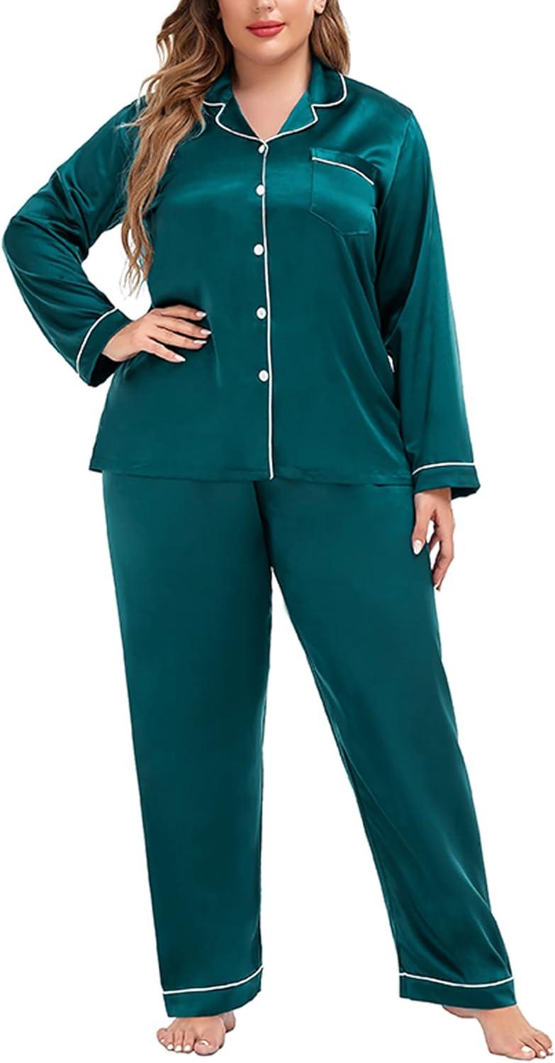 imageSWOMOG Womens Plus Size Pajamas Silky Pajama Set Button Down Sleepwear Classic Silk Pj Set Ladies Two Piece Loungewear SetGreen