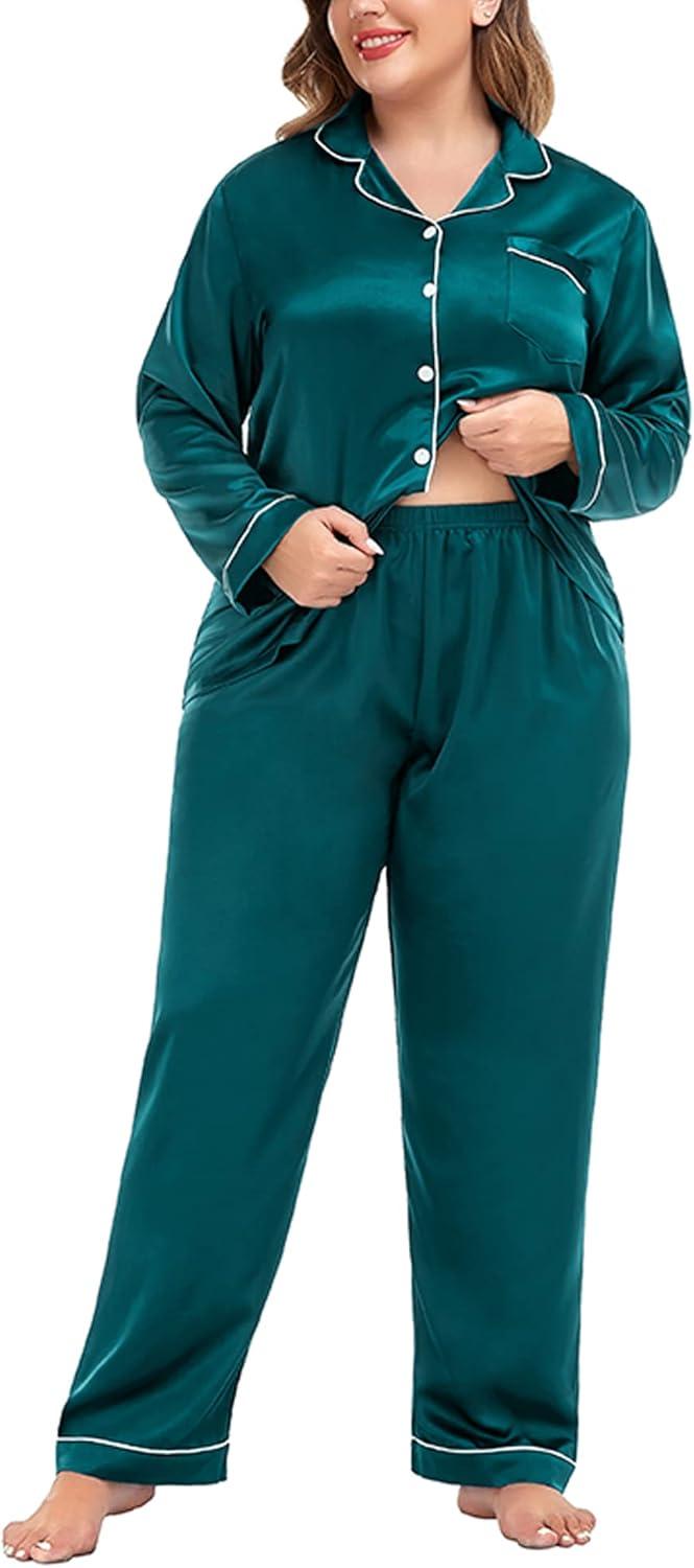imageSWOMOG Womens Plus Size Pajamas Silky Pajama Set Button Down Sleepwear Classic Silk Pj Set Ladies Two Piece Loungewear SetGreen