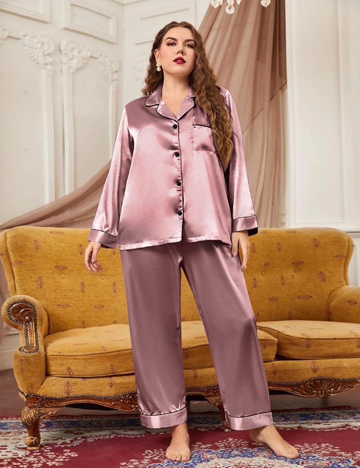 imageSWOMOG Womens Plus Size Pajamas Silky Pajama Set Button Down Sleepwear Classic Silk Pj Set Ladies Two Piece Loungewear SetMisty Rose