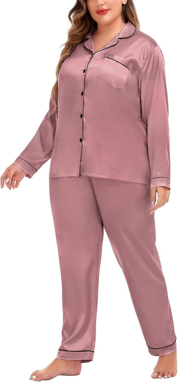 imageSWOMOG Womens Plus Size Pajamas Silky Pajama Set Button Down Sleepwear Classic Silk Pj Set Ladies Two Piece Loungewear SetMisty Rose